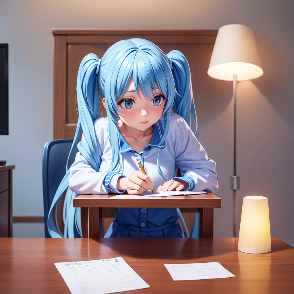 Light blue long hair、Beautiful girl with twin tails、Do your homework, Desk lamp lighting, Wooden desk, pencil, Note, Fine brushwork, Realistic style, perspective, 4K resolution