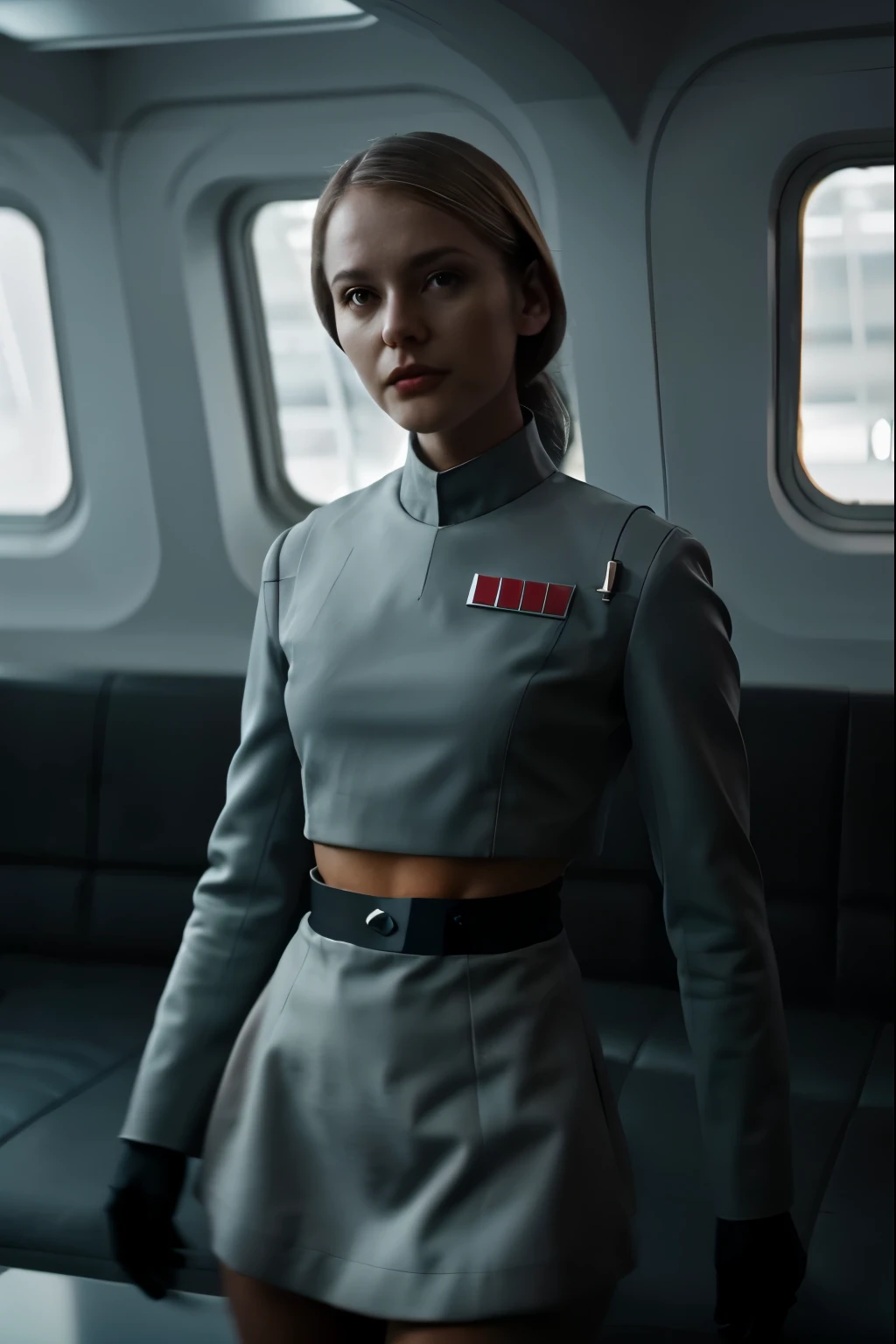 fashion photography, old british scifi tv show, nsfw, (group profile :1.1), photo portrait of a 32 year old very cute Slovak woman, 70's haircut, naughty face, looking at the camera, wearing a (revealing ImpofficerV2 uniform:1.1), (no pants, pants off:1.1), bare legs, sexy s1999unf uniform, (cameltoe:1.1), (crop top:1.1), (underboob:1.1), navel, midriff, sexy pose, provocative pose, subsurface scattering, sharp focus (Flickering light:1.1), dlsr, ultra sharp, 8k,Retro-futuristic subway carriage converted into a lounge reminiscent of 'Star Wars' The setting should be filled with advanced technology, sleek design, and a sense of wonder. Capture the ambiance of the environment with attention to details like the architecture, lighting, and (futuristic gadgets:1.1). Include shots of characters in the (iconic space uniforms:1.1), engaging in (scientific activities:1.2). Emulate the show's distinctive (retro-futuristic aesthetics:1.1), blending sleek modernism with a sense of cosmic adventure