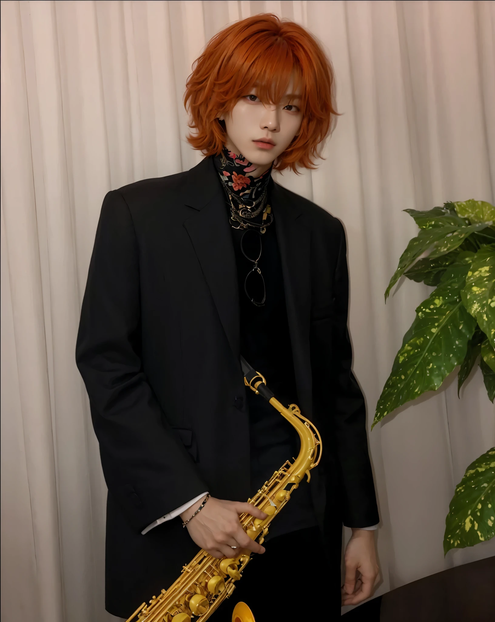 Hyunjun, the actor and K-pop idol, exudes realism with his vibrant orange hair and stylish clothing. With a saxophone in his right hand, he brings a unique charm and musical flair to his persona. His attention to detail in both hair and wardrobe choices adds an authentic touch to his overall look, making him stand out as a trendsetter with a distinctive artistic edge. This combination of elements not only showcases his individuality but also enhances his appeal as a versatile performer who is unafraid to push boundaries and explore different artistic avenues.