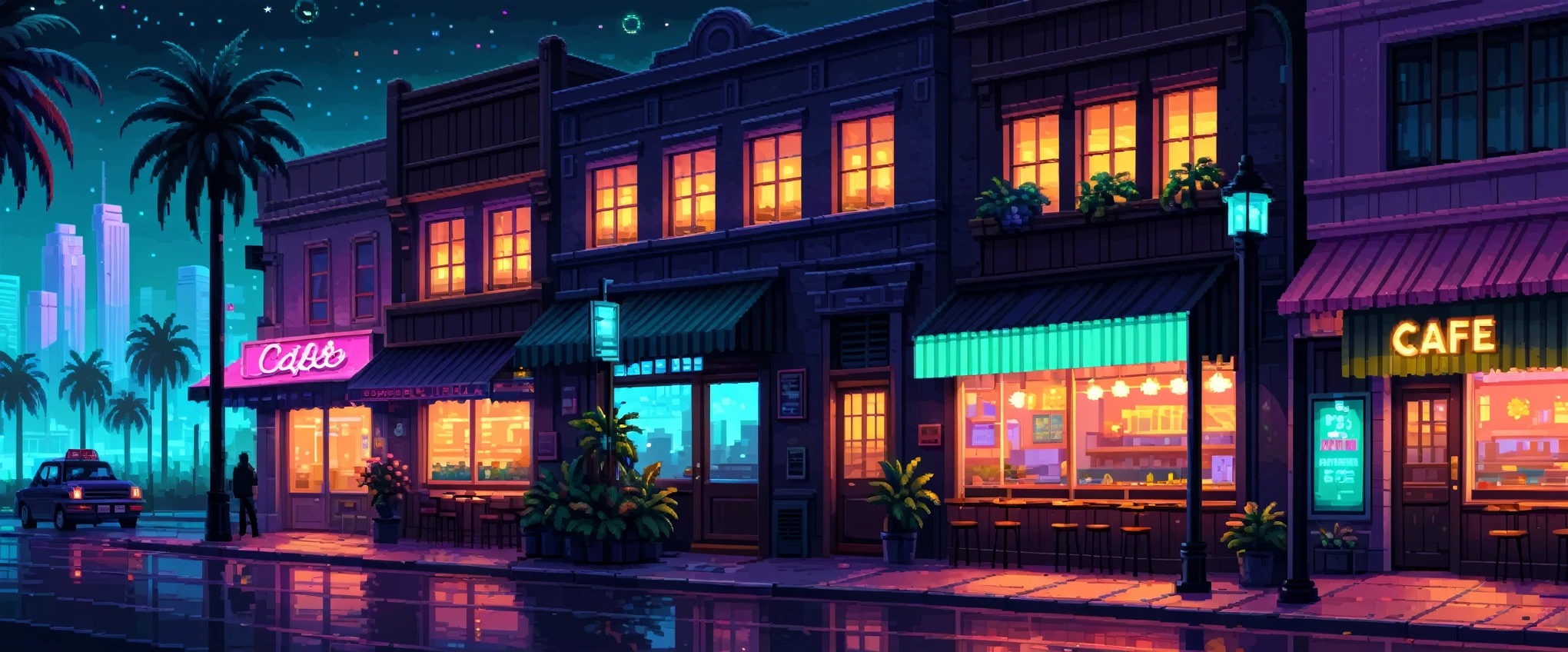 A vibrant cityscape at night in pixel art, featuring a café with a Los Angeles style. The scene includes glowing neon signs and bright streetlights casting a warm, inviting glow. The café should have a retro, yet trendy design, with large windows, a stylish awning, and perhaps a classic sign with the café's name in bright, eye-catching colors. The surrounding cityscape includes palm trees, modern buildings, and a few bustling streets with cars and pedestrians, all rendered in pixel art style. The background should have a deep night sky with pixelated stars or a subtle gradient to reflect the city’s lively nighttime atmosphere.