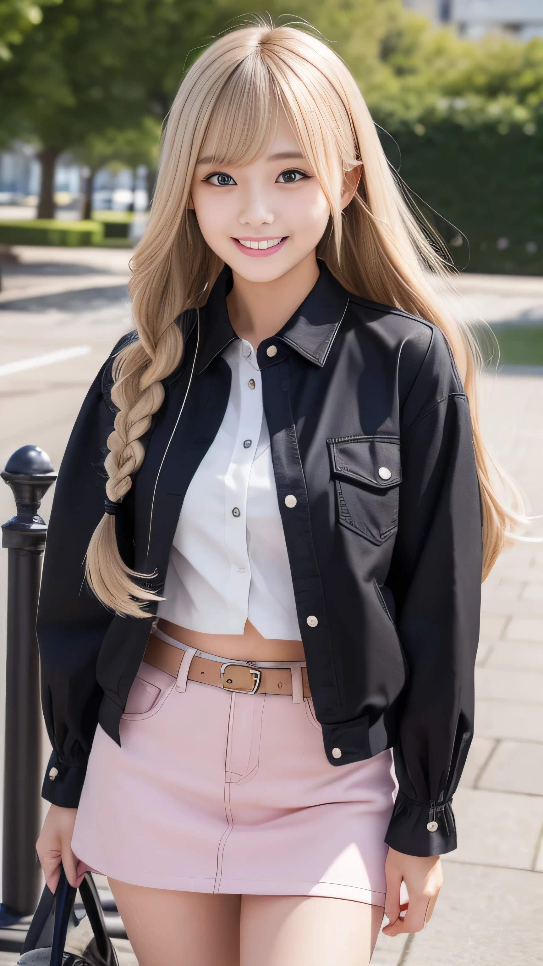 Sexy big ,13 year old beautiful girl looks sexy and cute & Cute beautiful sexy face, A strong wind blows my hair in front of my face,Beautiful super long metallic blonde french braids。Her long bangs hide her beautiful, cute and sexy eyes.。、Belly button shirt、Very short pink and black checkered miniskirt、Turn around and look at me with a smile、Cute eyes hidden by long bangs、yawn、Double teeth、Reduces the appearance of nasolabial folds、