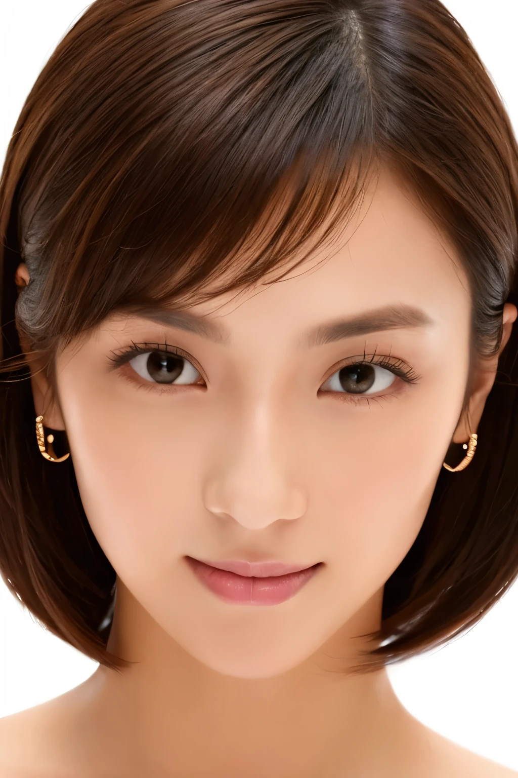 ((masterpiece, top quality, high definition)), 1 girl, (photorealistic: 1.4), solo, white background, snow-white background, mouth closed, happy smile, pretty black hair, short hair, big eyes, clear double eyelids, eyelashes, ears out, absolute area, ((face close-up)), (drawing all head, shoulders), 35 years old, Attractive proportions, glossy skin, clean collarbone, face in golden proportion, perfect face, teardrop mole, mole on chest, bangs, clean bangs, beautiful bangs, lip gloss, thin lips, pale skin, naked, small breasts, small face, head all drawn, shoulders all drawn, staring at the camera slightly upwards