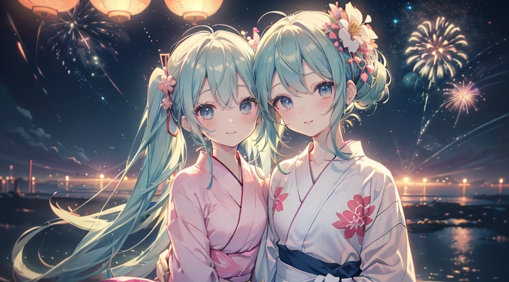 (((髪UP,Green Hair,顔UP,Look up,))),(((Highest quality、masterpiece、Ultra-fine、Ultra-fine、髪UP,Green Hair,Exquisite、16K、顔UP,Look up,The best smile,Full HD、,Hatsune Miku,))),( ((summer,One person,Cute Yukata,)))Blue Eyes、Long eyelashes、White skin、(Pale pink lips、Pale pink cheeks、thin and long)、 (((Cute Yukata,The best smile)), ((One person)) 、(blue sky)) 、 (Walking in a yukata at dusk, the moment fireworks bloom in the night sky)、