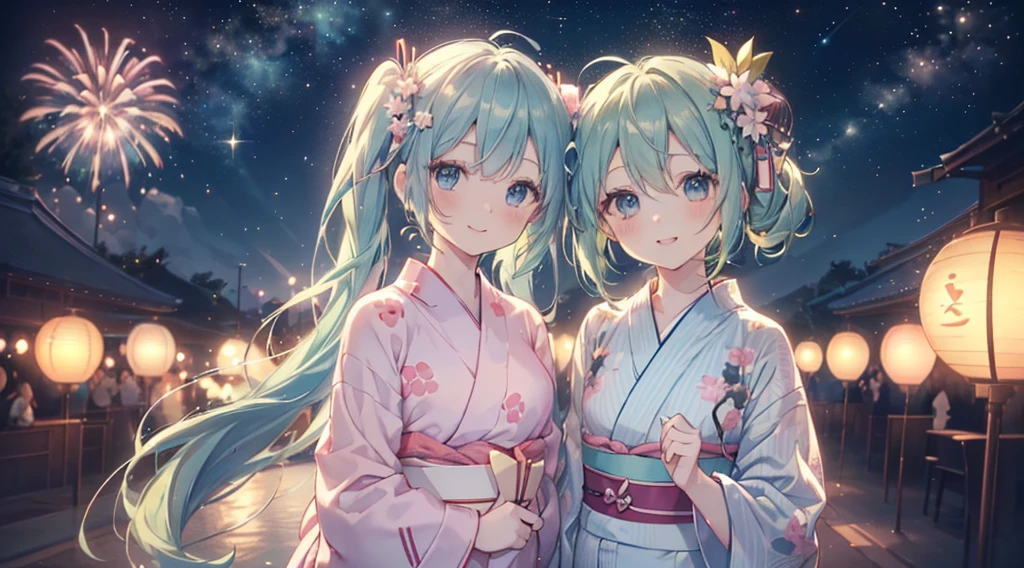 (((髪UP,Green Hair,顔UP,Look up,))),(((Highest quality、masterpiece、Ultra-fine、Ultra-fine、髪UP,Green Hair,Exquisite、16K、顔UP,Look up,The best smile,Full HD、,Hatsune Miku,))),( ((summer,One person,Cute Yukata,)))Blue Eyes、Long eyelashes、White skin、(Pale pink lips、Pale pink cheeks、thin and long)、 (((Cute Yukata,The best smile)), ((One person)) 、(blue sky)) 、 (Walking in a yukata at dusk, the moment fireworks bloom in the night sky)、
