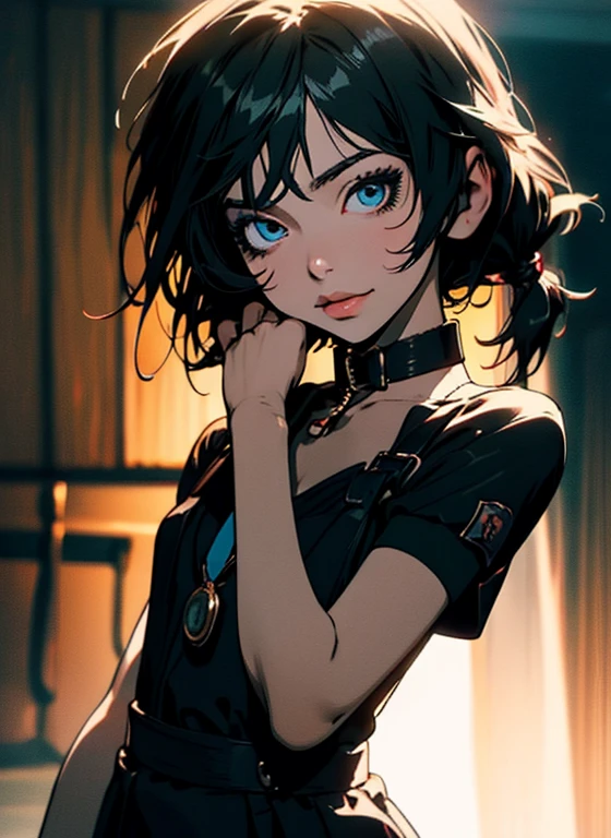 2d, Masterpiece, Best quality, Anime, Highly detailed face, Highly detailed eyes, Highly detailed background, Perfect lighting, Cowboy shot, 1girl, Single, Aki Rosenthal, Collar dress, Mini dress, Short sleeves, blue sweater, Black thighs, Detached poem, long hair, Low twintail, Bob cut, Necktie, Headwear, White gloves, Elbow gloves, Wide hips, He smiles, Standing, Inner spacecraft