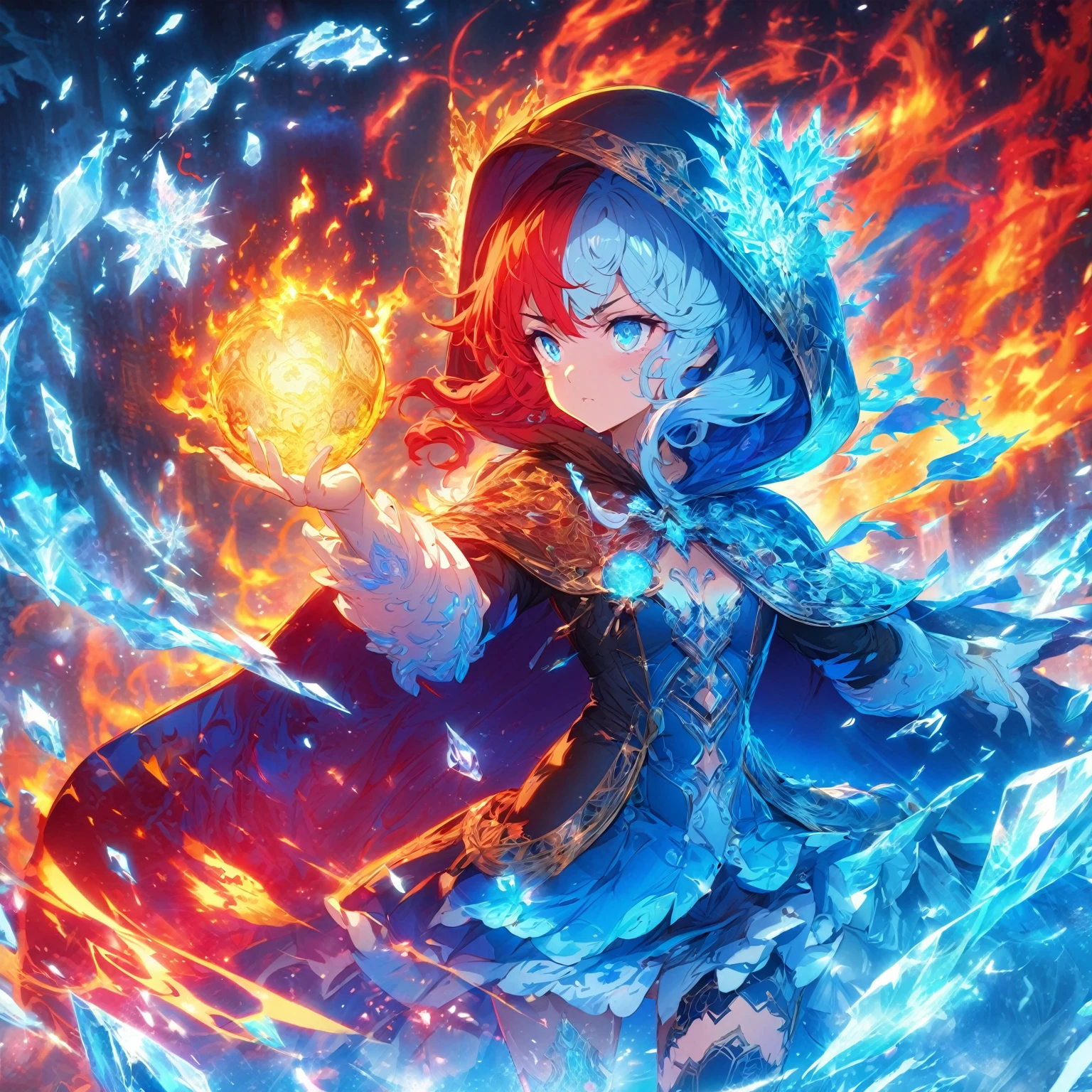 A lady with blue and red hair, wearing a dark hooded cloak with intricate golden patterns, holding a burning fire in her hand, medium breasts, thick, form-fitting bodysuit, (nude:0.9), NSFW, surrounded by swirling flames and ice crystals, dressed in a detailed outfit with blue and white accents, displaying a determined expression, standing against a dark background illuminated by the fiery and icy elements , detailed gorgeous face| anime style| key visual| intricate detail| highly detailed| breathtaking| vibrant| panoramic| cinematic| Carne Griffiths| Conrad Roset| gibbli 8k