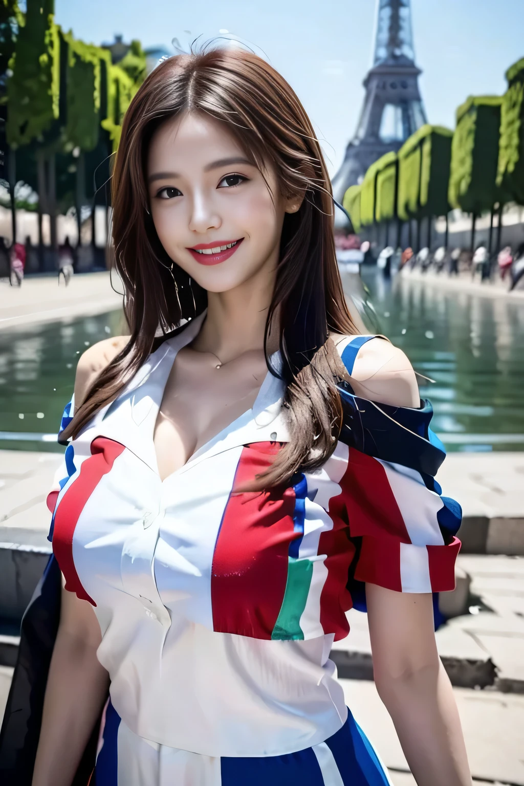 (((Dominican Republic flag-inspired outfit:1.3))),(),(((smile:1.3))),(((Women supporting the Paris Olympics:1.3))),(((International flags on the streets of Paris))),(((Eiffel Tower in the background))),(((The Seine in the background))),masterpiece,Highest quality,Ultra-high resolution output images,Write Boundary Depth,Intricate details,Add depth to your subject with contrast between light and shadow,Anatomically correct facial structure),(Picture Mode Ultra HD,)