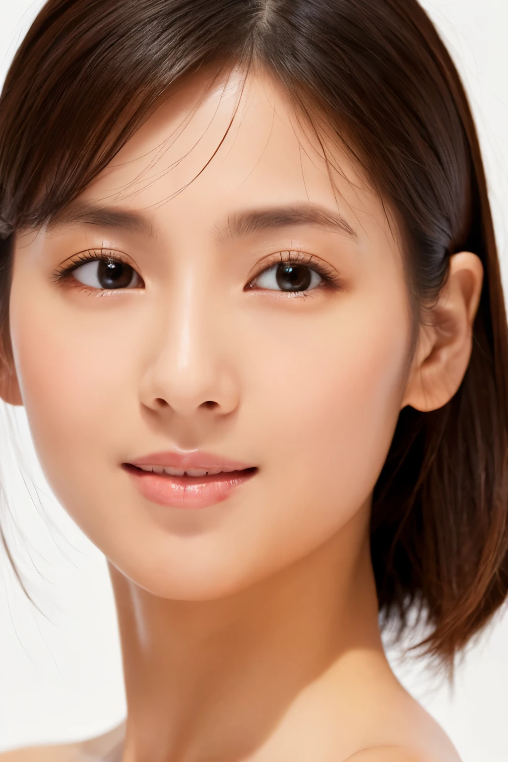 ((masterpiece, top quality, high definition)), 1 girl, (photorealistic: 1.4), solo, white background, snow-white background, mouth closed, happy smile, pretty black hair, short hair, big eyes, clear double eyelids, eyelashes, ears out, absolute area, ((face close-up)), (drawing all head, shoulders), 35 years old, Attractive proportions, glossy skin, clean collarbone, face in golden proportion, perfect face, teardrop mole, mole on chest, bangs, clean bangs, beautiful bangs, lip gloss, thin lips, pale skin, naked, small breasts, small face, head all drawn, shoulders all drawn, staring at the camera slightly upwards