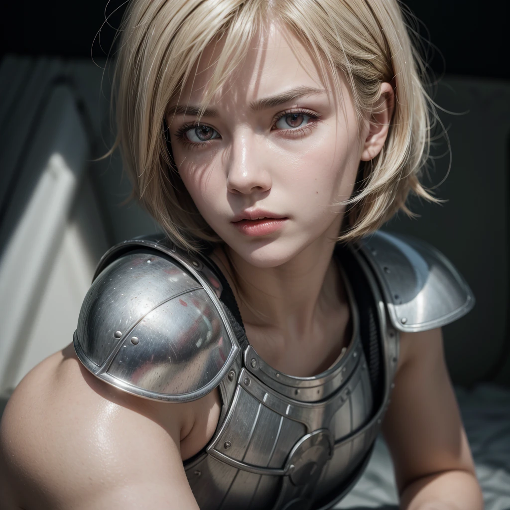 masterpiece , A woman, on a field, ( light white short hair:1.2), (Red eyes:1.2), (crossed:1.2), (look at the viewer:1.2) , (8k, best quality 1.2), ultra detailed, 8k uhd, Soft lighting, high quality, film grain, beautiful lighting, cinematographic ,perfect body , better lighting, best shadow, sharpness, contrast, red glasses, messy hair, , absurd and detailed face, steel armor, great sword