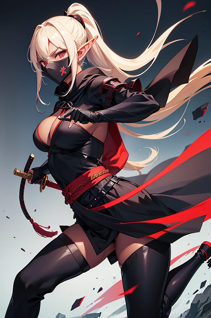 Beautiful images,Detailed Images,Official image,A woman wielding a Japanese sword,Blonde,Red Eyes,Ponytail Hair,Model body type,(Dark Skin:1.3),Elf Ears,Large Breasts,(Black ninja suit,Jet Black Cloak:1.3),