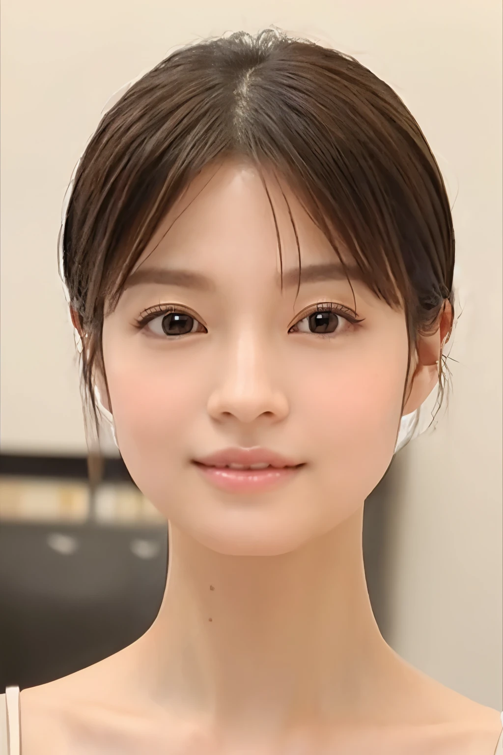 ((masterpiece, top quality, high definition)), 1 girl, (photorealistic: 1.4), solo, white background, snow-white background, mouth closed, happy smile, pretty black hair, short hair, big eyes, clear double eyelids, eyelashes, ears out, absolute area, ((face close-up)), (drawing all head, shoulders), 35 years old, Attractive proportions, glossy skin, clean collarbone, face in golden proportion, perfect face, teardrop mole, mole on chest, bangs, clean bangs, beautiful bangs, lip gloss, thin lips, pale skin, naked, small breasts, small face, head all drawn, shoulders all drawn, staring at the camera slightly upwards