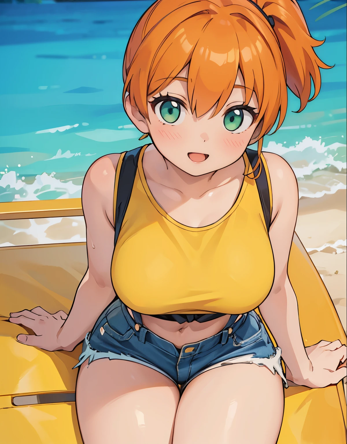 (best quality,4k,8k,highres,masterpiece:1.2), ultra-detailed, realistic:1.37, HDR, studio lighting, vivid colors, bokeh, baking, unattached beautiful girl, a girl lying on a beach chair, drinking a tropical cocktail,beautiful detailed eyes,beautiful detailed lips,extremely detailed eyes and face,long eyelashes, with a lovestruck gaze, (photorealistic:1.37), with (best quality,4k,8k,highres,masterpiece:1.2), misty, 1girl, breasts, looking_at_viewer, short_hair, closed_mouth, bangs, navel, hair_between_eyes, bare_shoulders, sitting, green_eyes, full_body, lying, sleeveless, midriff, orange_hair, side_ponytail, crop_top, looking_to_the_side, eyelashes, bare_legs, sleeveless_shirt, leaning_forward, arm_support, suspenders, tank_top, denim_shorts, yellow_shirt, hair_tie, green_shorts, suspender_shorts, yellow_tank_top, down blouse, body shape, chubby thighs, thick thighs, open mouth, smile, ultra-detailed description, capturing every exquisite detail of her appearance. Her eyes are mesmerizing, with long curled lashes, glistening in the light. Her lips are perfectly shaped, with a subtle hint of a smile. She is dressed elegantly in a flowing dress, radiating grace and charm. The scene is bathed in warm and romantic lighting, creating a captivating ambiance. The artwork possesses a fusion of realism and artistic flair, resulting in a masterpiece that showcases the emotions of love and admiration.