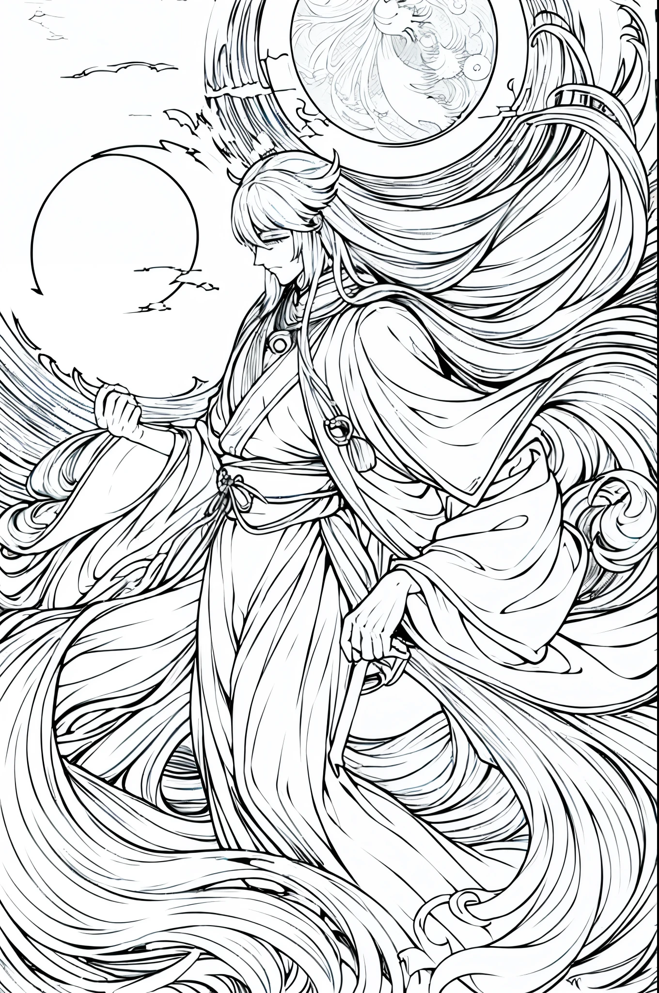 A boy in a red robe, lying on a maple tree, elegantly looking at the falling maple leaves, the robe blowing in the wind, clean anime silhouette, 1024x1024, perfect line art, keqing from Genshin impact, line art illustration, flowing hair and robe, beautiful line art,