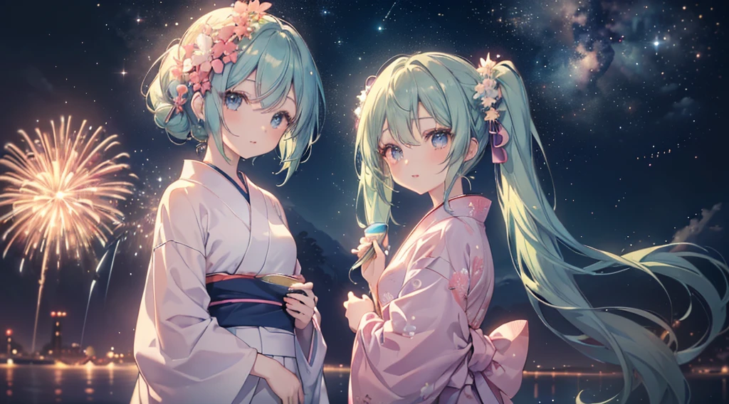 (((髪UP,Green Hair,顔UP,Look up,))),(((Highest quality、masterpiece、Ultra-fine、Ultra-fine、髪UP,Green Hair,Exquisite、16K、顔UP,Look up,The best smile,Full HD、,Hatsune Miku,))),( ((summer,One person,Cute Yukata,)))Blue Eyes、Long eyelashes、White skin、(Pale pink lips、Pale pink cheeks、thin and long)、 ((One person)) 、(blue sky)) 、 (Walking in a yukata at dusk, the moment fireworks bloom in the night sky)、