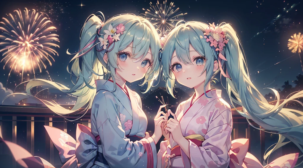 (((髪UP,Green Hair,顔UP,Look up,))),(((Highest quality、masterpiece、Ultra-fine、Ultra-fine、髪UP,Green Hair,Exquisite、16K、顔UP,Look up,The best smile,Full HD、,Hatsune Miku,))),( ((summer,One person,Cute Yukata,)))Blue Eyes、Long eyelashes、White skin、(Pale pink lips、Pale pink cheeks、thin and long)、 ((One person)) 、(blue sky)) 、 (Walking in a yukata at dusk, the moment fireworks bloom in the night sky)、