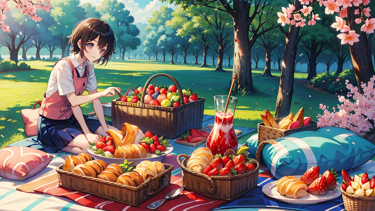 Q version、Manga style、croissant、nature、strawberry、sakura petala、blue sky、picnic、