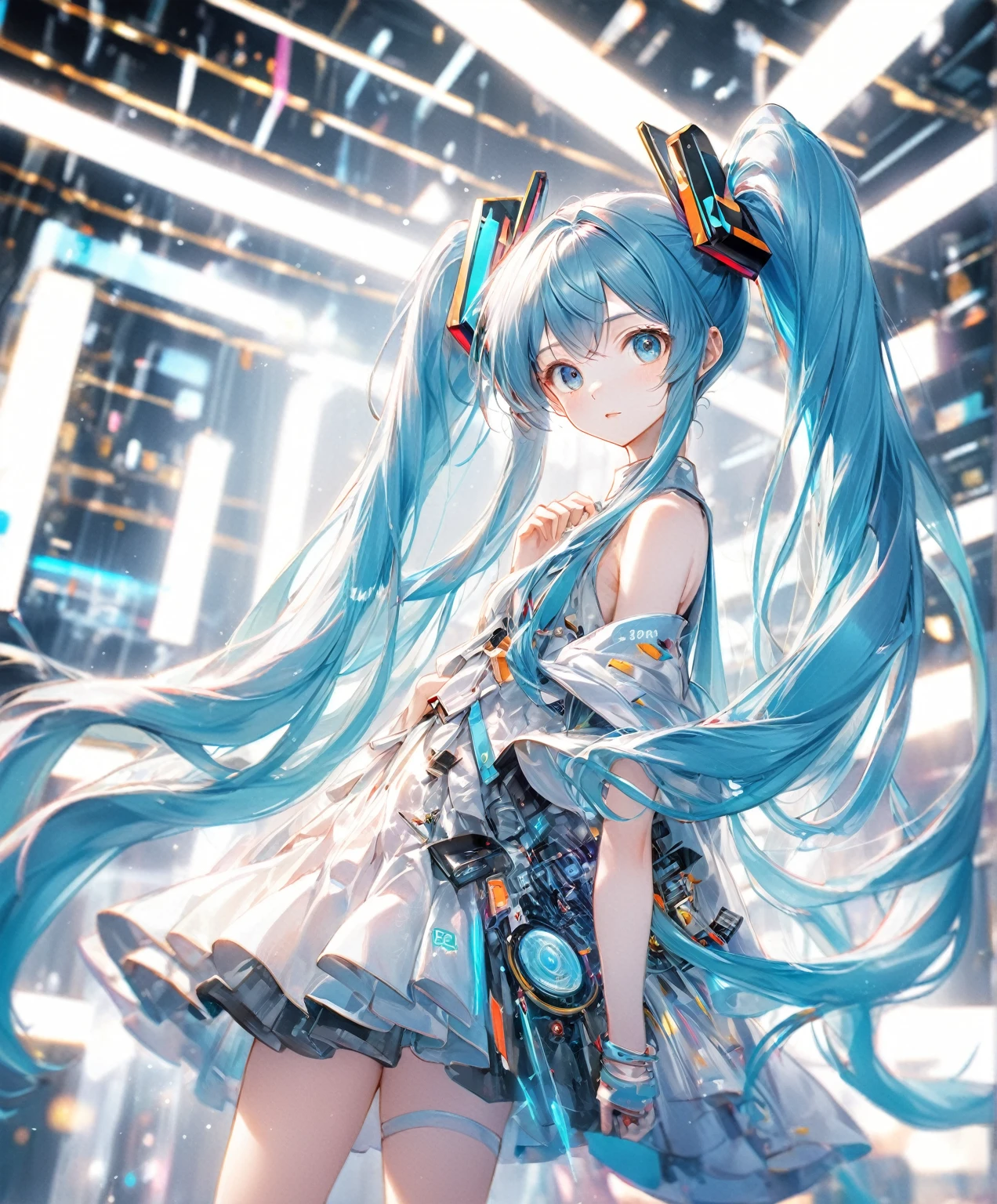 (Highest quality,8k,32K,masterpiece,Ultra-high resolution :1.2 ),born,One girl,Super cute,Natural light,Clear, shining eyes,20-year-old,Fair skin,Electronic world fantasy background,Blue Hair,cowboy，Long Hair，Long Hair，Hatsune Miku-like outfit