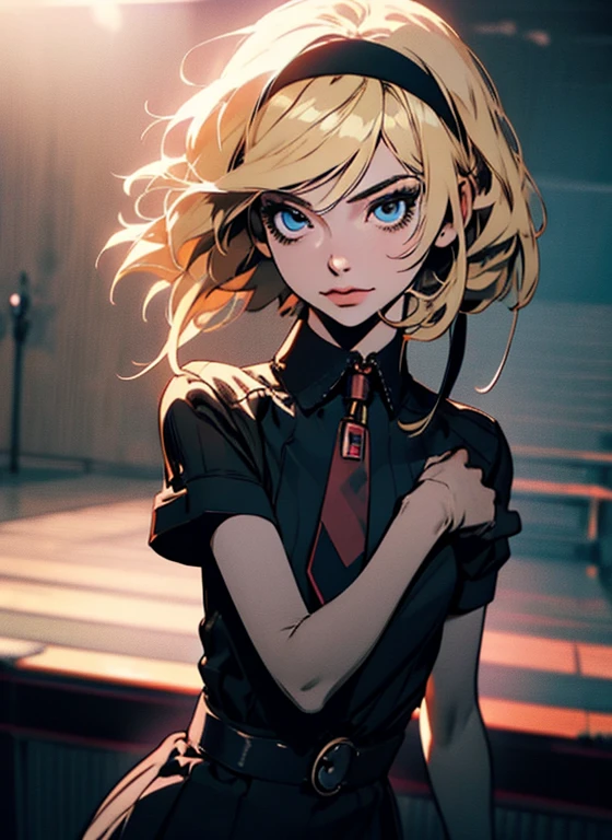 1girl, apron, blonde hair, bow,  hold, , brooch, closed mouth, crossed arms, dress, dusk, enmaided, evening, frown, ginkgo leaf, gradient, gradient background, long hair, long sleeves, looking at viewer, maid, maid apron, maid headdress, , orange background, orange sky, orange theme, ribbon, solo, sunflower, sunset, v-shaped eyebrows, white apron, yellow background, yellow sky, yellow theme