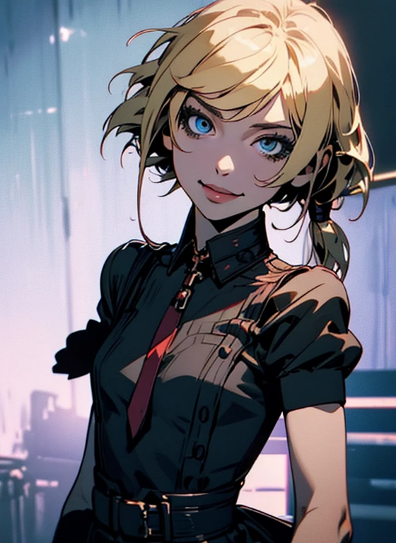 2d, Masterpiece, Best quality, Anime, Highly detailed face, Highly detailed eyes, Highly detailed background, Perfect lighting, Cowboy shot, 1girl, Single, Aki Rosenthal, Collar dress, Mini dress, Short sleeves, blue sweater, Black thighs, Detailed blonde hair, long hair, Low twintail, Bob cut, Necktie, Headwear, White gloves, Elbow gloves, Wide hips, He smiles, Standing, Inner spacecraft 