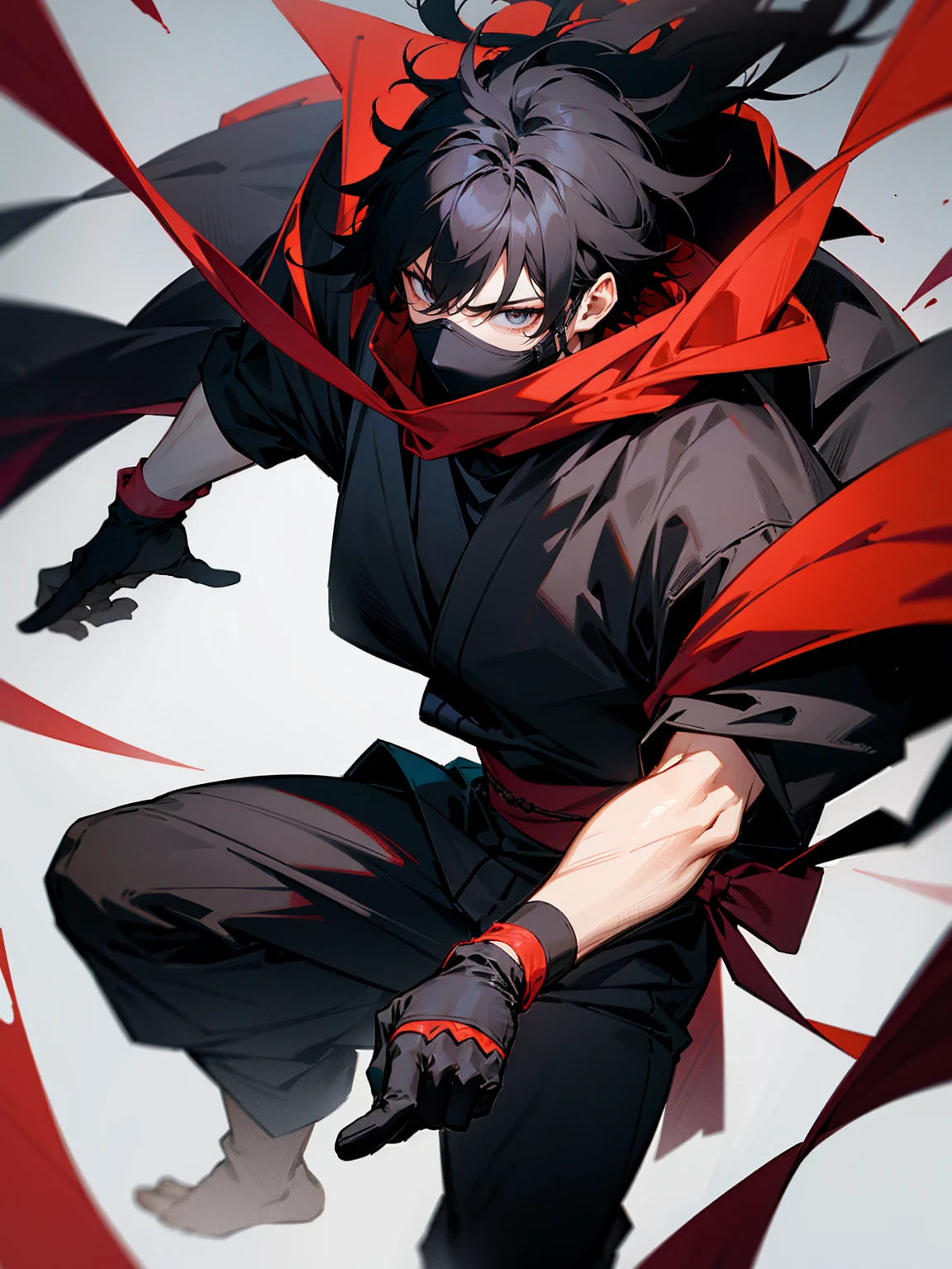 1male, black hair, mask, ninja outfit, messy hair, gloves