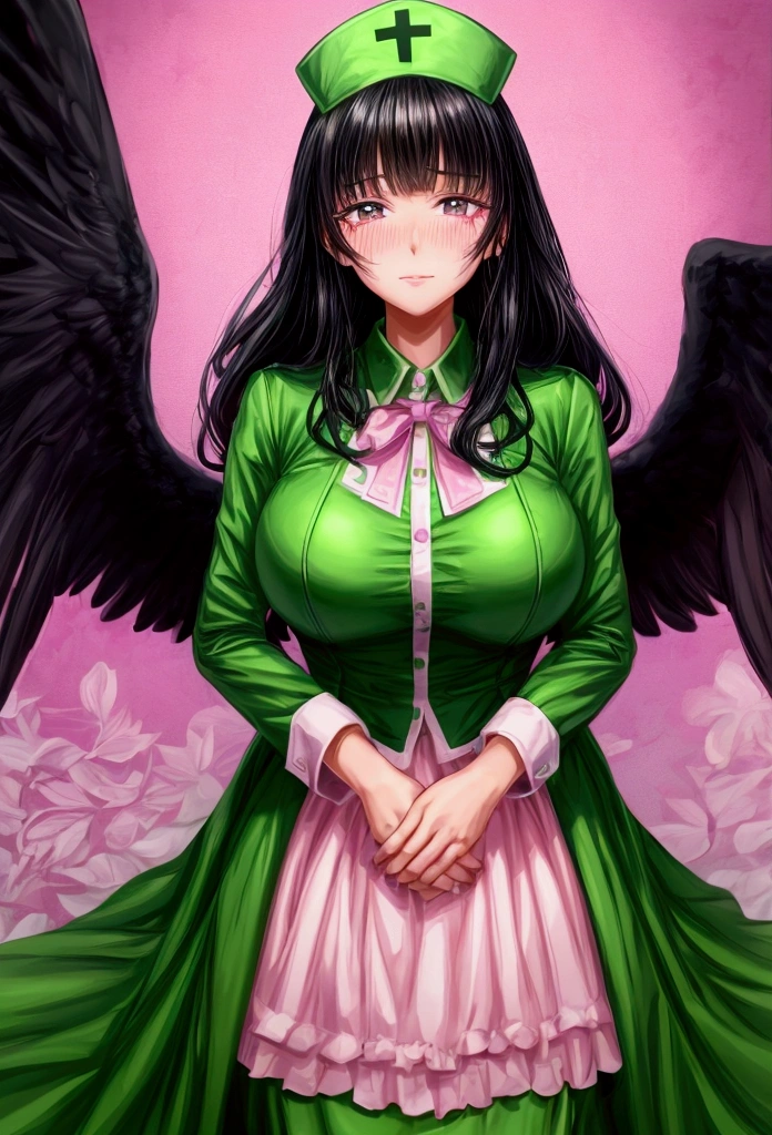 A black-haired woman with an ISFJ personality type, wearing a green nurse uniform. She is standing with her hands clasped in front of her, her eyes teary and her face blushing, reflecting a sense of empathy and kindness. The background is pink with sparkles