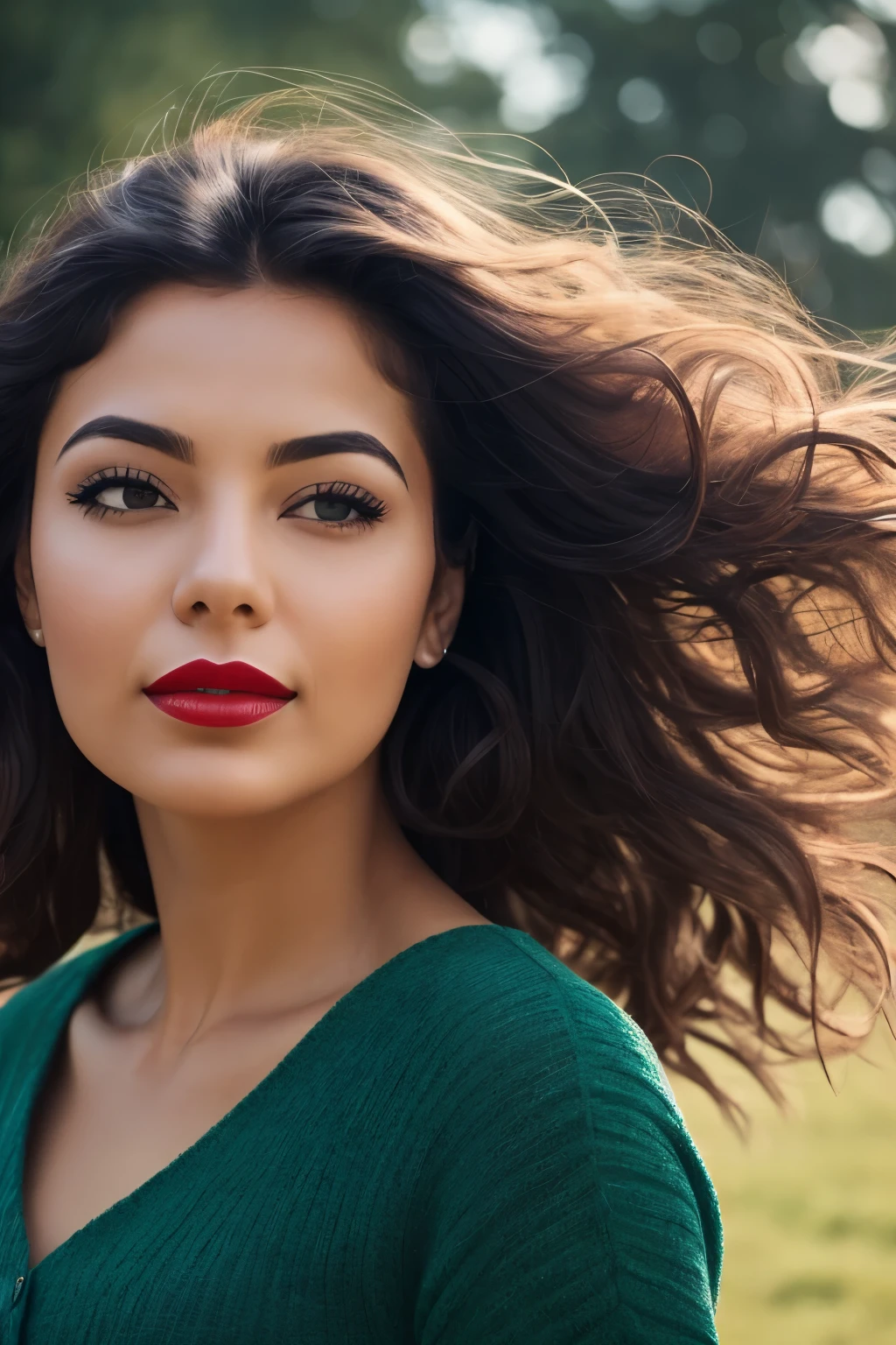 A realistic close-up photo of a young woman with vibrant black hair blowing in the wind. She has pale skin and wears red lipstick. Her hair is messy, partially covering her face. The background is a blurred, dynamic outdoor scene with a mix of green and brown tones, suggesting movement on a windy day. The overall effect gives a dreamy and surreal vibe, with the woman's serene expression contrasting with the wild motion of her hair and the background