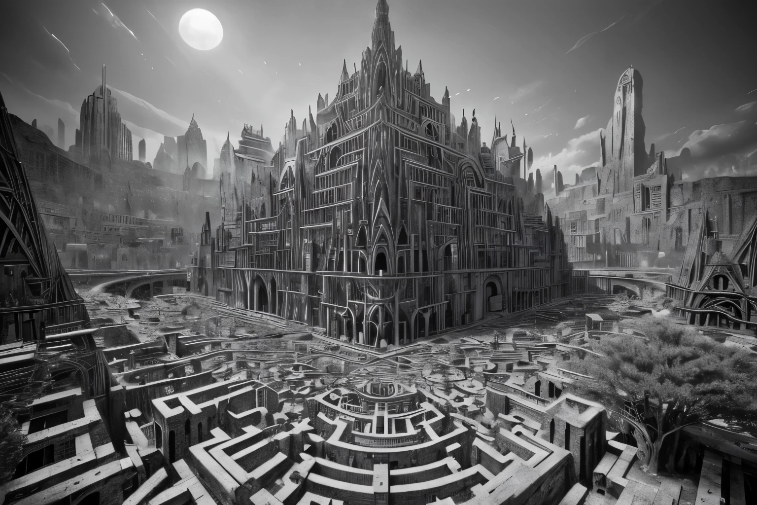 ((best quality)), ((masterpiece)), (detailed), (best quality,4k,8k,highres,masterpiece:1.2),ultra-detailed,(realistic,photorealistic,photo-realistic:1.37),complex intricate architectural structures,Escher style building,surreal fantasy kingdom,impossible geometry,gravity-defying architecture,abstract pattern complexity,striking visual illusion,mesmerizing maze-like design,dreamlike architectural elements,intricate three-dimensional tessellations,optical illusion buildings,incredible depth perception,hypnotizing architectural labyrinth,surreal and mind-bending cityscape,intricately intertwined structures, black and white, grey scale