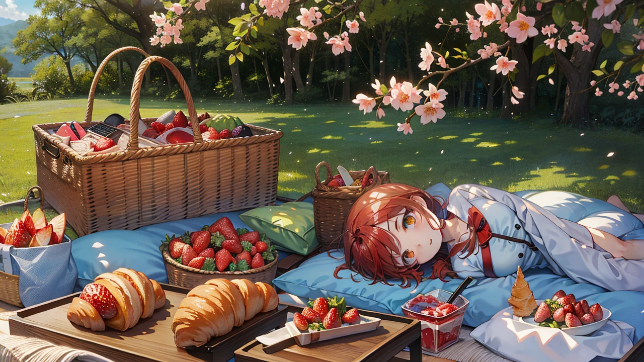 Q version、Manga style、croissant、nature、strawberry、sakura petala、blue sky、picnic、