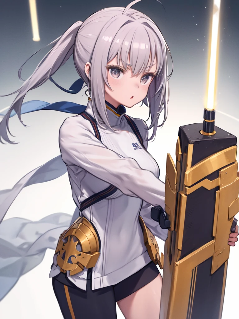 mecha wings、White and blue skirt、Accentuated thighs、White tights、chest、Beautiful black hair、1 girl、solo girl、Thick thighs、IS、Frame Arms Girl、Alice Gere Aegis、White Armor、Blue and purple lines、income、headphone、hand on own chest、smile