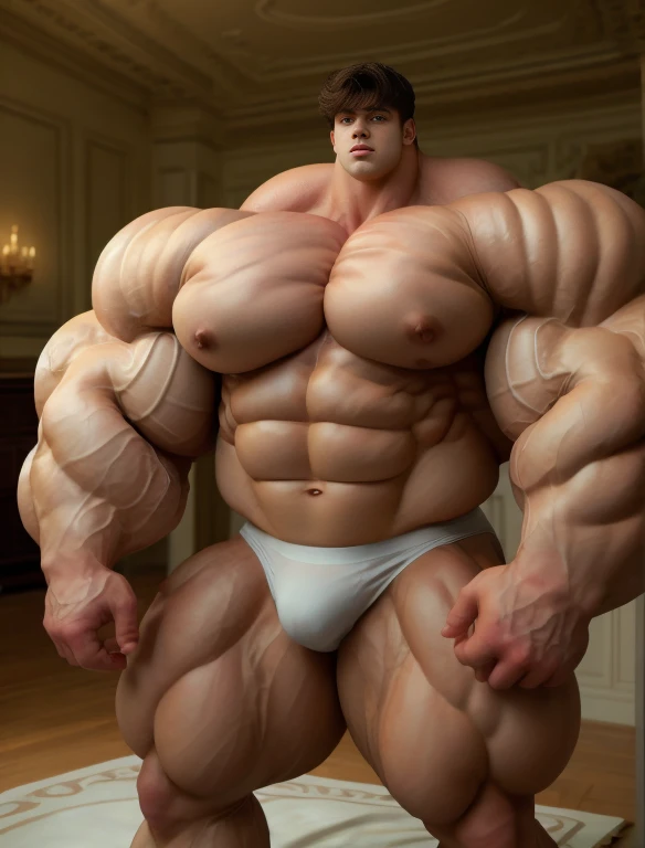 1boy, giant, alone, giant bodybuilder, illuminating light, strong body, bulk, large size, standing in white decoration room, indoor, nude, white triangular underwear, thick bulge, scratch his bulge, extraordinary big, brutalmass, giant muscular body, bulk, buff, massive body, large meaty body size, extremely wide body, hairy body