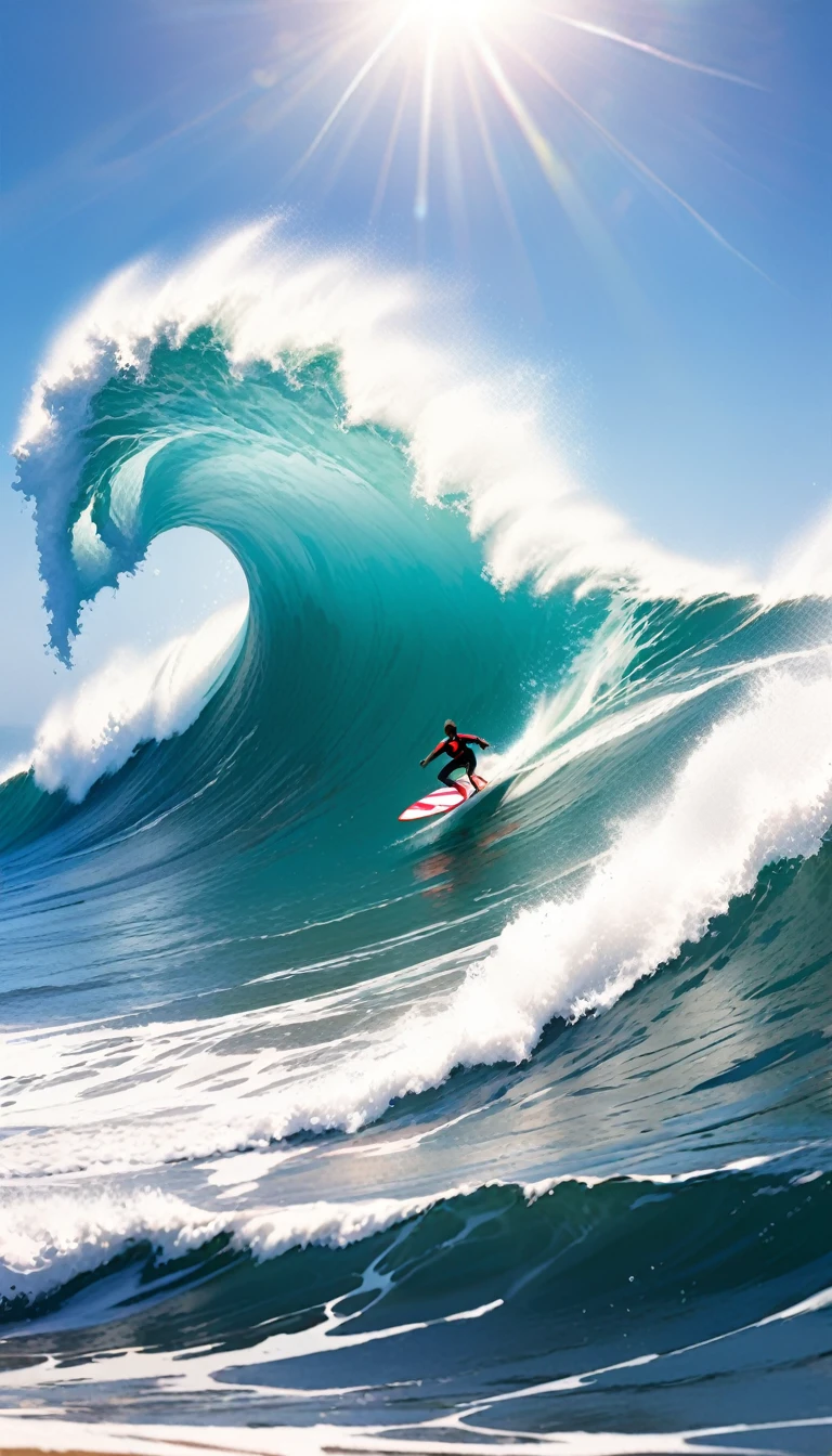 Huge waves,Splashing water,Man wearing surfing gear clothing.riding a surfboard(Surfboard about 2-3 meters long,Smooth surface,Reflecting sunlight。

Surfing style presented by the surfboard,Narrow tail,Wider front,Easy to control on the waves。

The bottom of the surfboard is streamlined,Helps glide through water。Anti-slip texture on the board,Convenient for surfers to stand。

Surfboards are made of high strength,Lightweight and durable,Able to withstand the impact of waves。

Surfboards with eye-catching designs or logos,Show off your surfer&#39;s personality and style。)(..Surfer riding on the wave,Control the skateboard with your body.Under the blue sky and white clouds,Waves rise and fall on the sea,Form beautiful curves .Surfers riding rough waves,Enjoy the excitement and (best quality,4K,8k,high resolution,masterpiece:1.2),Super detailed,(Practical,photoPractical,photo-Practical:1.37)