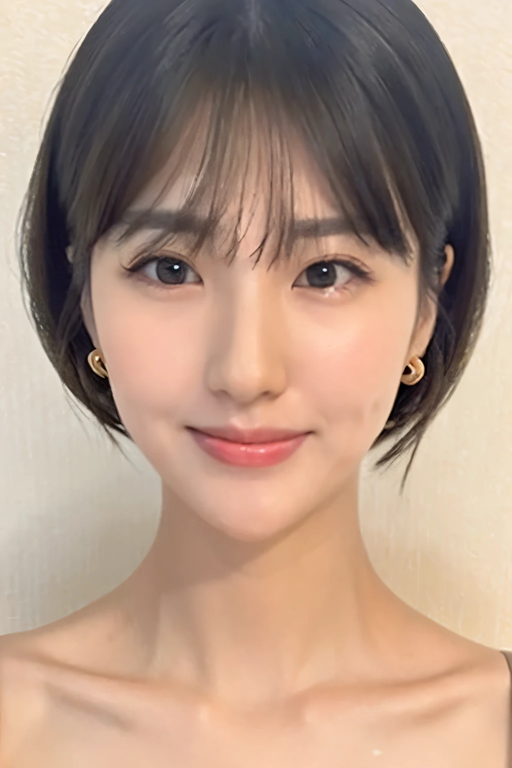 ((masterpiece, top quality, high definition)), 1 girl, (photorealistic: 1.4), solo, white background, snow-white background, mouth closed, happy smile, pretty black hair, short hair, big eyes, clear double eyelids, eyelashes, ears out, absolute area, ((face close-up)), (drawing all head, shoulders), 35 years old, Attractive proportions, glossy skin, clean collarbone, face in golden proportion, perfect face, teardrop mole, mole on chest, bangs, clean bangs, beautiful bangs, lip gloss, thin lips, pale skin, naked, small breasts, small face, head all drawn, shoulders all drawn, staring at the camera slightly upwards