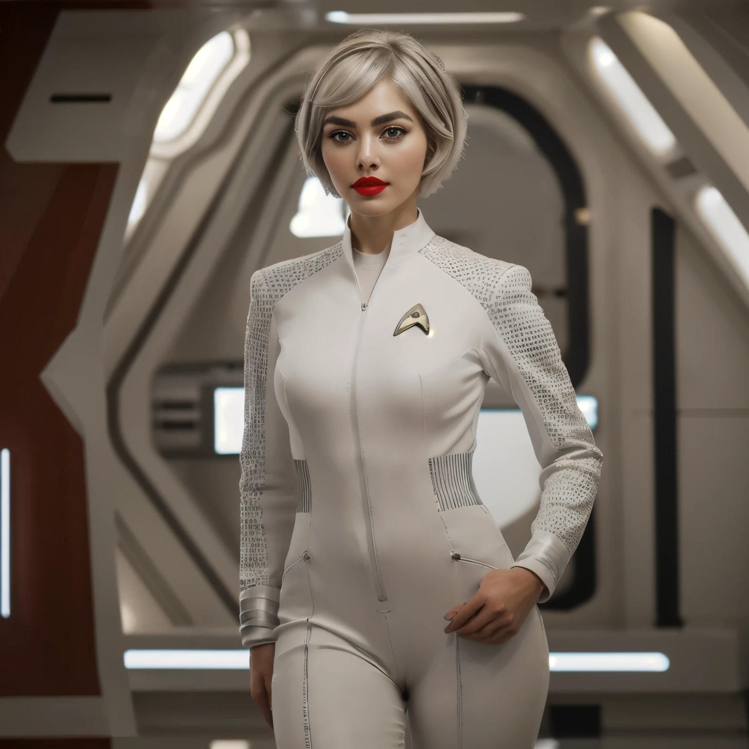 (masterpiece:1.2), (best quality:1.2), (extremely detailed:1.2),
photo of beautiful (thomasinara_v1-120:0.99),
woman in white snwnrs uniform, (silver blonde pixie cut:1.2), middle part hair style, (thick eyebrows:1.2), (red lips:1.2), thigh gap,
(film grain, bokeh:1.2, blurry background), starship Enterprise bridge,