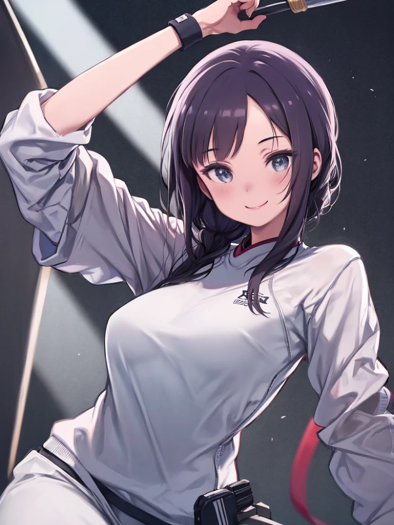 One Woman、Fencing athlete、gym、Upper Body、Smiling、
