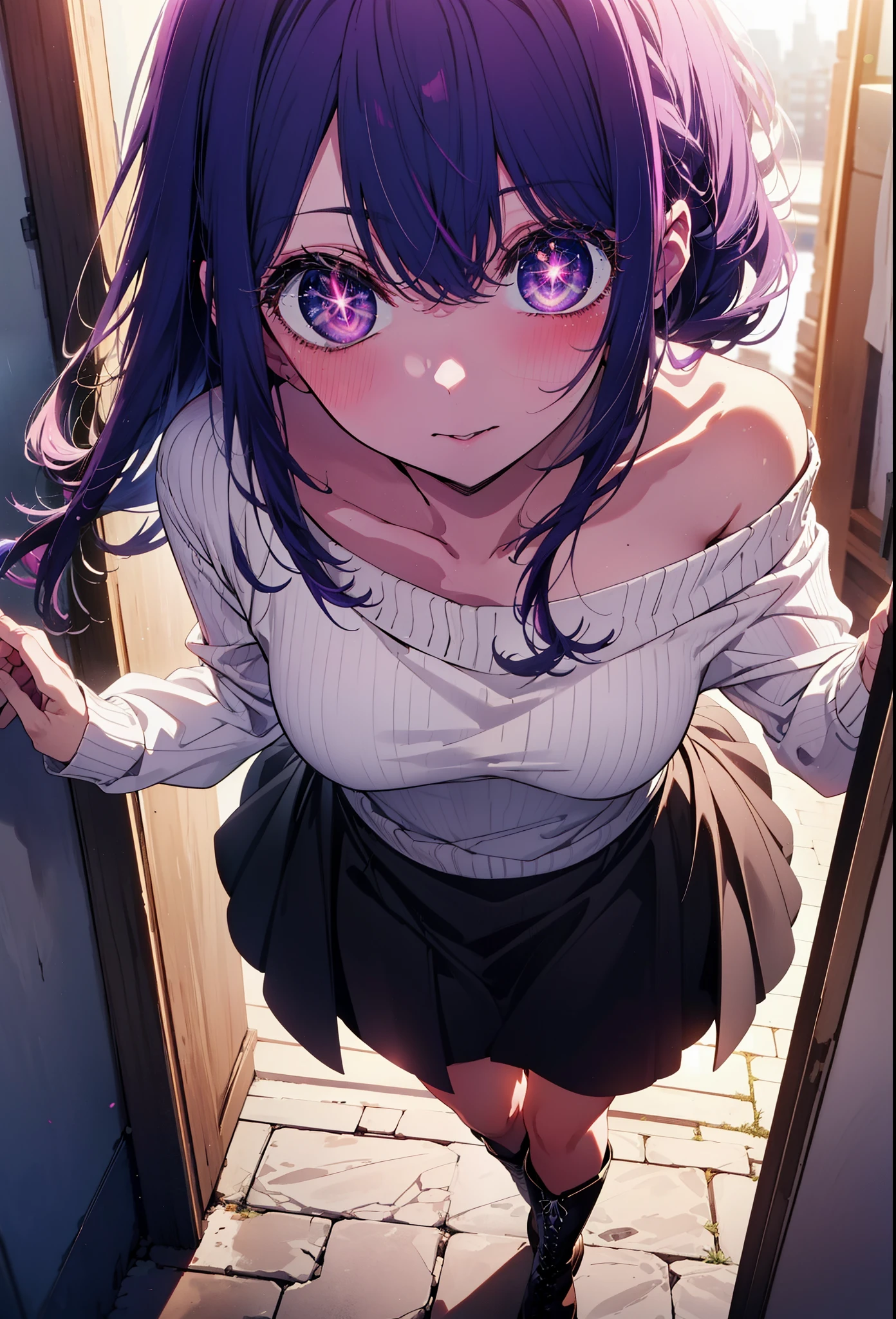 aihoshino, Ai Hoshino, Long Hair, bangs, (Purple eyes:1.1), Purple Hair, (Symbol-shaped pupil:1.5), smile,blush,Open your mouth,One-shoulder sweater,Long skirt,short boots,Walking,Daytime,Clear skies,whole bodyがイラストに入るように,
break outdoors, Building district,
break looking at viewer, whole body,
break (masterpiece:1.2), Highest quality, High resolution, unity 8k wallpaper, (figure:0.8), (Beautiful attention to detail:1.6), Highly detailed face, Perfect lighting, Highly detailed CG, (Perfect hands, Perfect Anatomy),