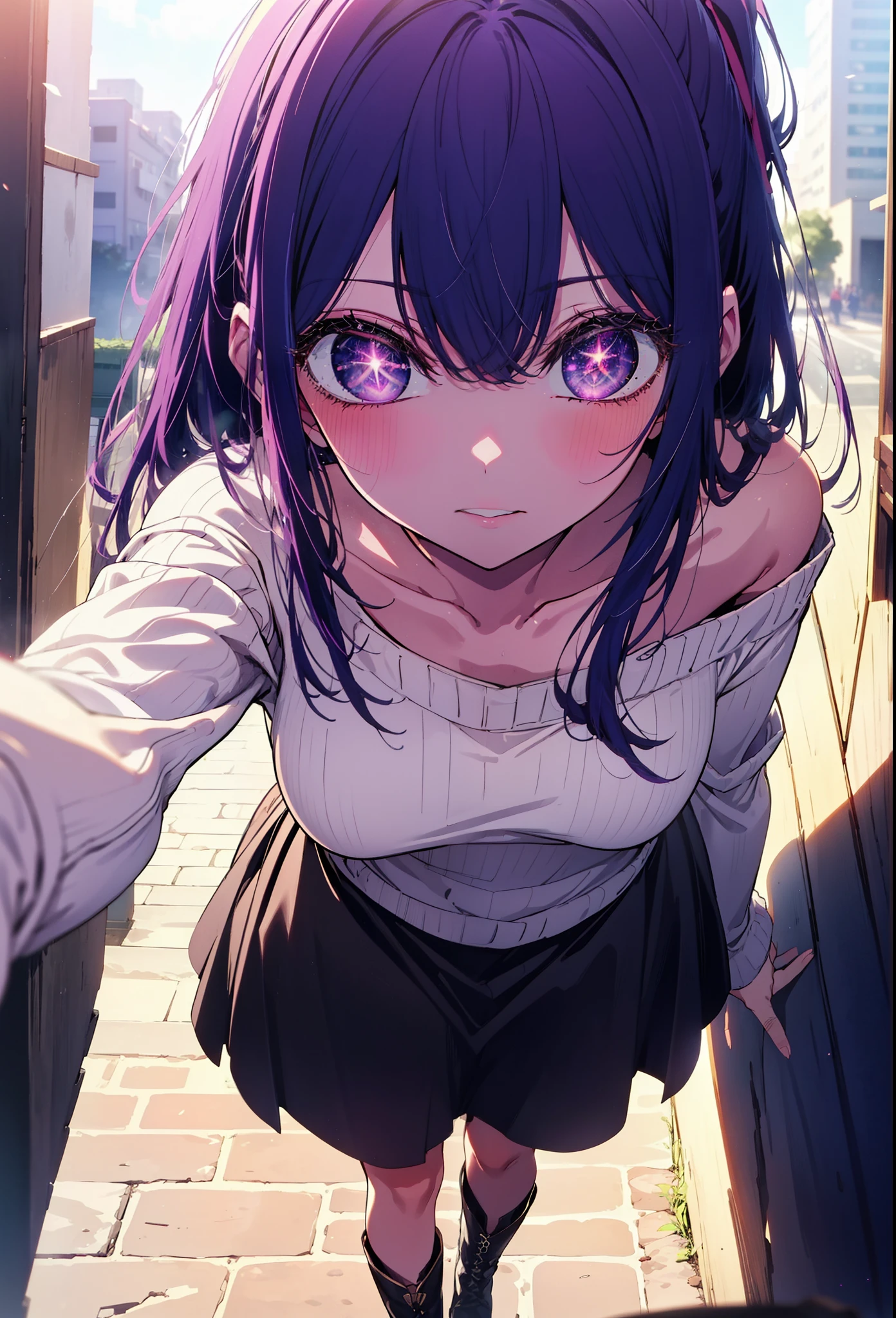 aihoshino, Ai Hoshino, Long Hair, bangs, (Purple eyes:1.1), Purple Hair, (Symbol-shaped pupil:1.5), smile,blush,Open your mouth,One-shoulder sweater,Long skirt,short boots,Walking,Daytime,Clear skies,whole bodyがイラストに入るように,
break outdoors, Building district,
break looking at viewer, whole body,
break (masterpiece:1.2), Highest quality, High resolution, unity 8k wallpaper, (figure:0.8), (Beautiful attention to detail:1.6), Highly detailed face, Perfect lighting, Highly detailed CG, (Perfect hands, Perfect Anatomy),