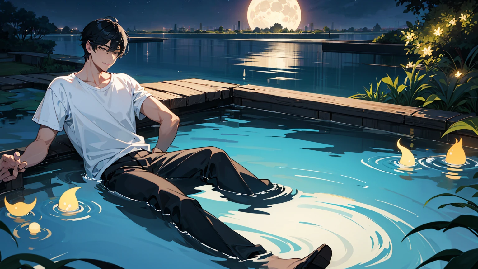 The moon reflected in the pool on a summer night。A fantastical scene with fireflies flying around in the moonlight。A handsome man with short black hair and wearing a T-shirt is gazing at the moon reflected in the water。He is smiling with a sad look on his face.