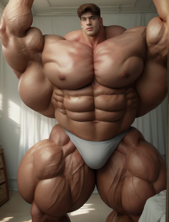 1boy, giant, giant bodybuilder, stand, illuminating light, strong body, bulk, large size, staring, armpit, in the white photo studio room, nude, jute triangular underwear, prominent bulge, extraordinary big, brutalmass, giant, muscular body, bulk, buff, massive body, large meaty body size, extremely wide body