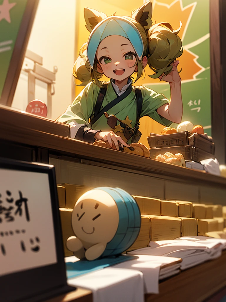 独奏,big forehead, sun visor, curly twintail,bionde,light green shop stuff cloth,smile,open mouth, ,menu counter,((I am the star))、