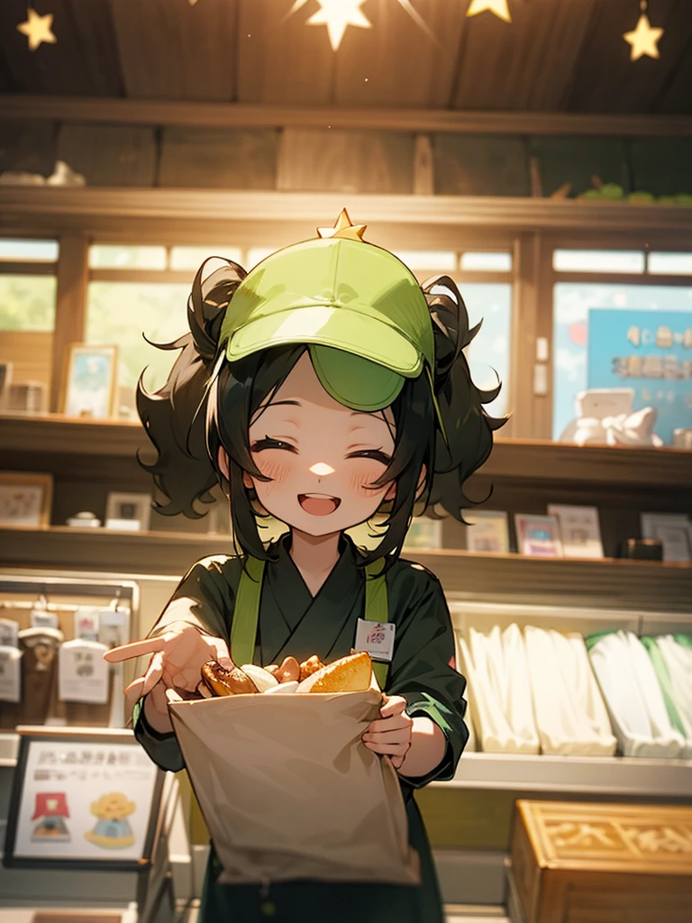 独奏,big forehead, sun visor, curly twintail,bionde,light green shop stuff cloth,smile,open mouth, ,menu counter,((I am the star))、