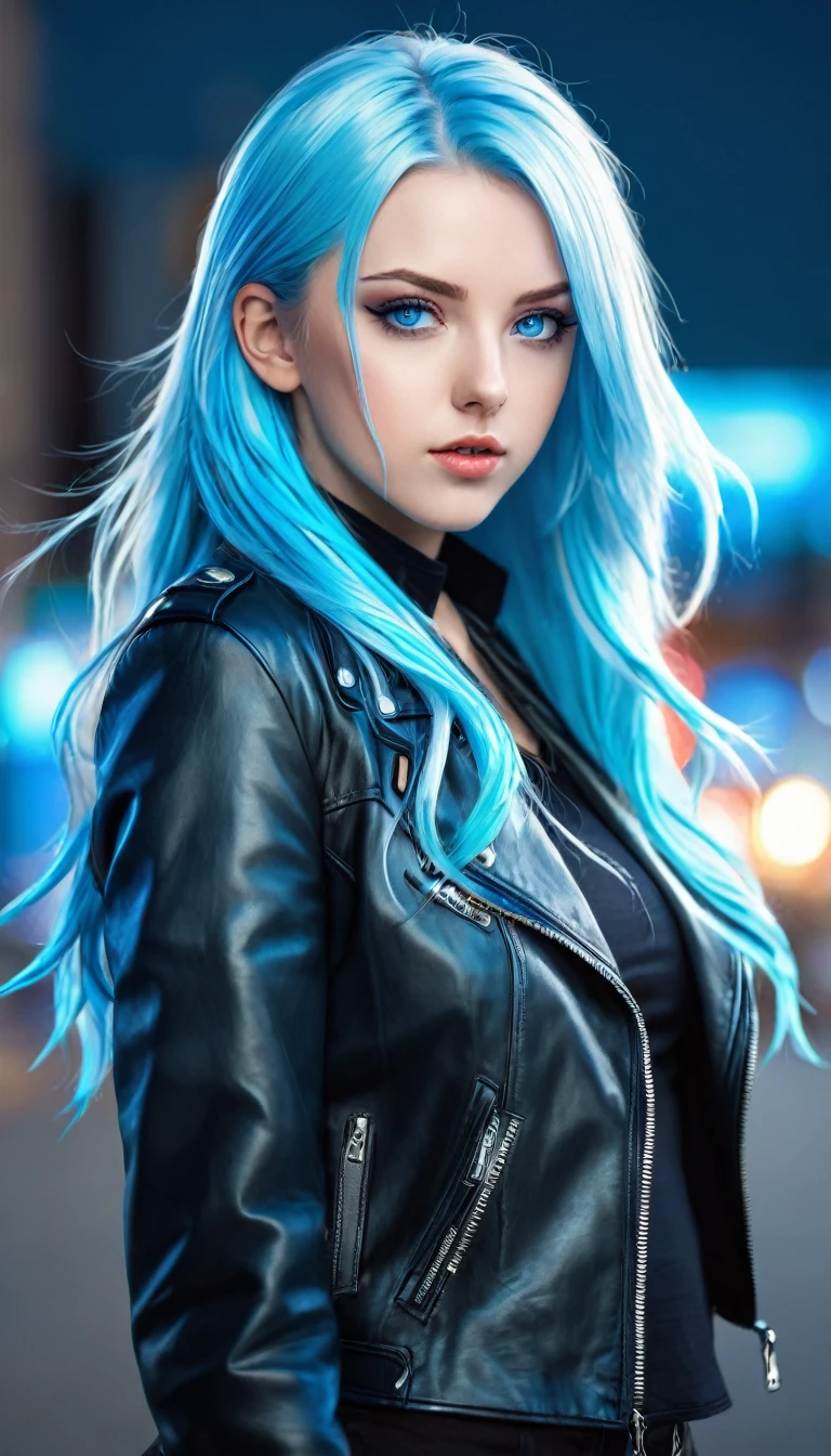  a white woman with long blue hair blue eyes wearing a leather jacket, anime foda 8k, 4K anime-style, com shining blue eyes, com shining blue eyes, 4k anime wallpaper, 4k anime wallpaper, 4k anime wallpaper, 4k anime art wallpaper, 8K anime art wallpaper, 4k anime art wallpaper, shining blue eyes, demon anime girl