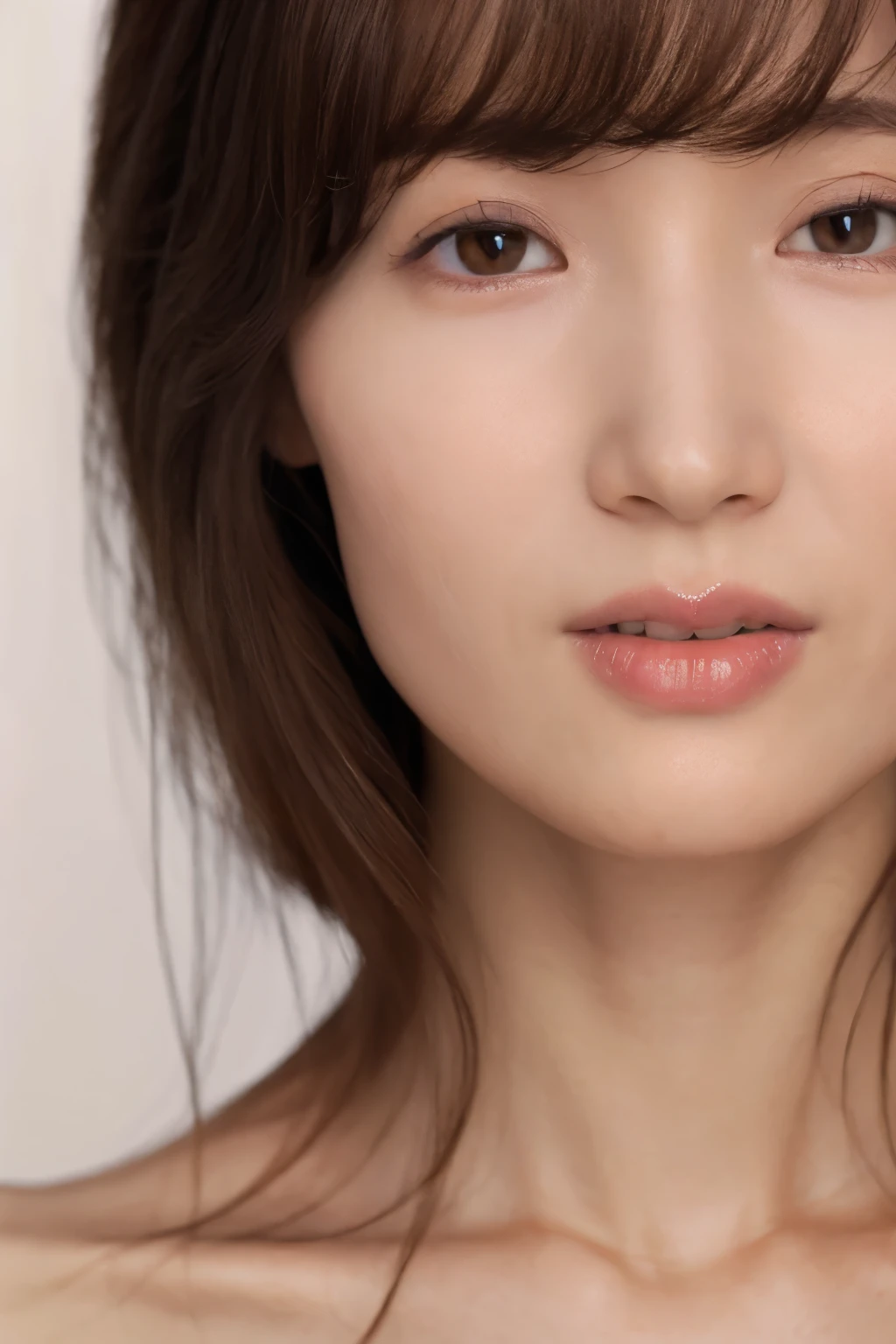 ((masterpiece, top quality, high definition)), 1 girl, (photorealistic: 1.4), solo, white background, snow-white background, mouth closed, happy smile, pretty black hair, short hair, big eyes, clear double eyelids, eyelashes, ears out, absolute area, ((face close-up)), (drawing all head, shoulders), 35 years old, Attractive proportions, glossy skin, clean collarbone, face in golden proportion, perfect face, teardrop mole, mole on chest, bangs, clean bangs, beautiful bangs, lip gloss, thin lips, pale skin, naked, small breasts, small face, head all drawn, shoulders all drawn, staring at the camera slightly upwards