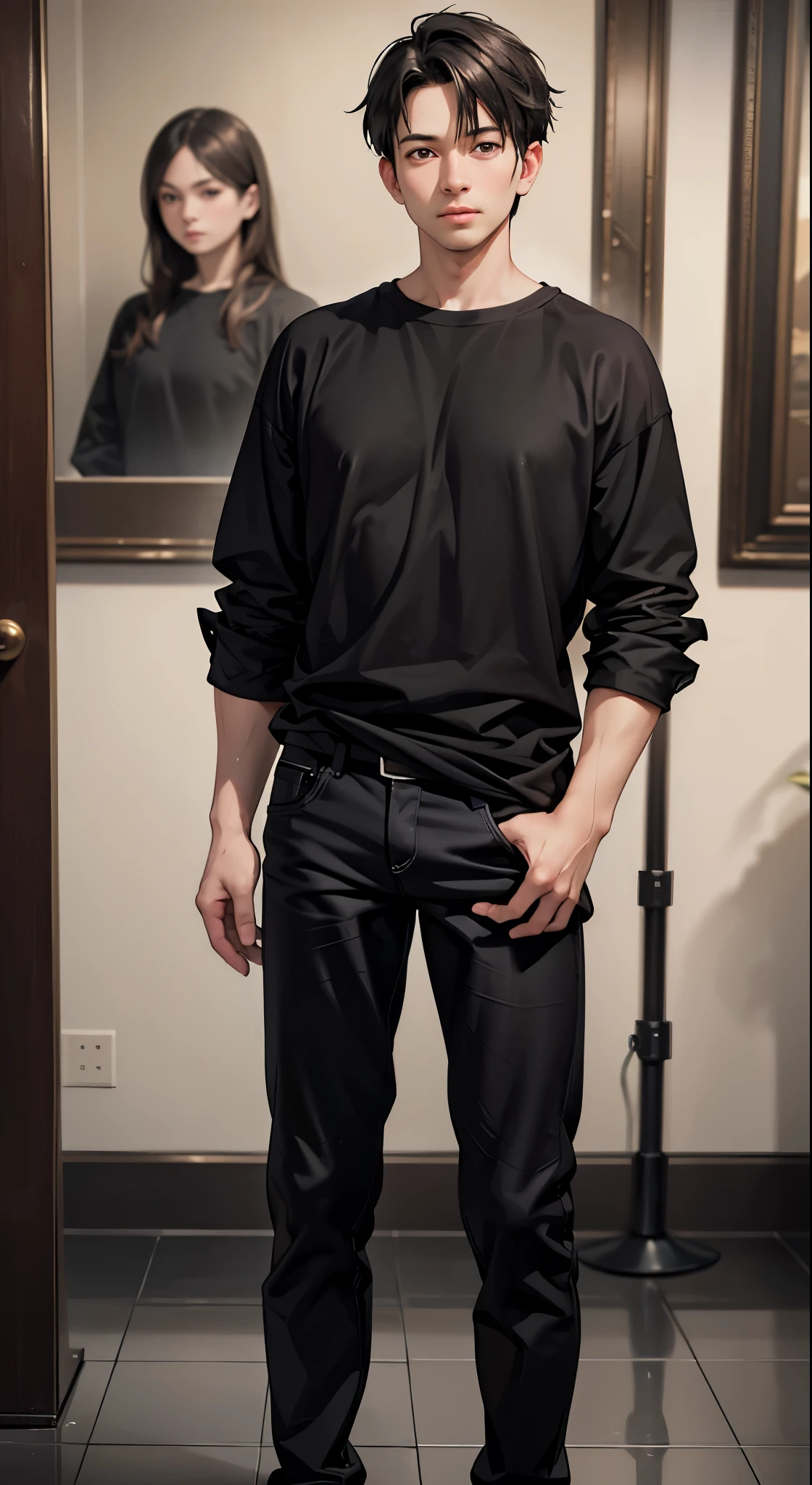 Highest quality、Ultra-high resolution、(Photorealistic:1.4)、masterpiece、Blurred Background、indoor、boy、40 years old、Are standing、(View your viewers)、Black Shirt、