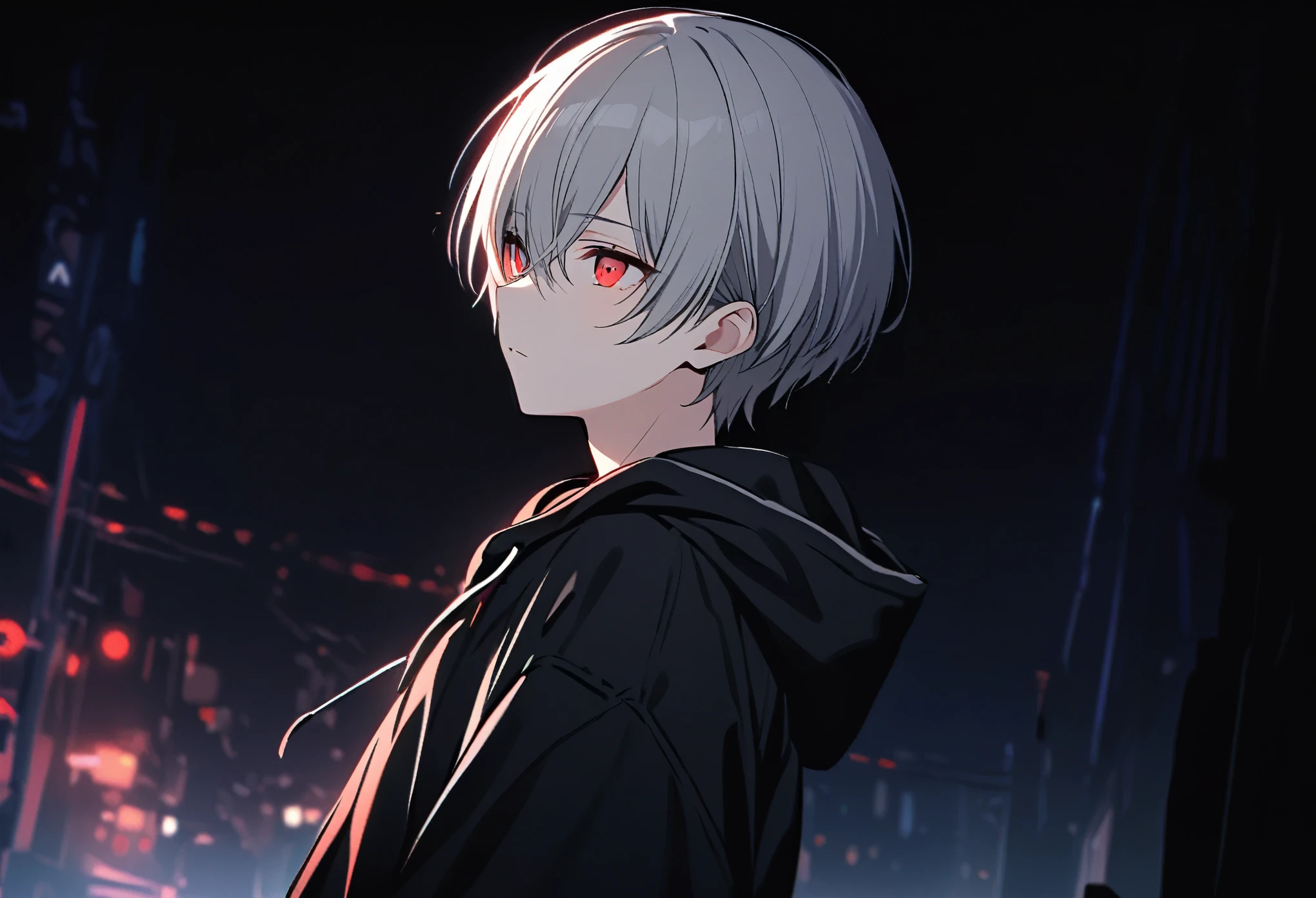 good looking, alone, 1 male, Gray Hair, Red eyes, Black Shirt, Black and white hooded, night, Black light,Cute eyes,Short hairstyle,A cute boy