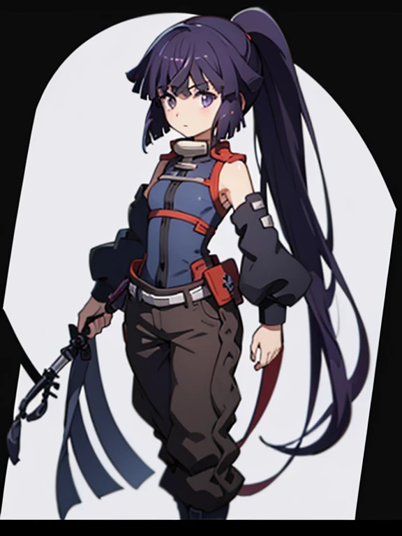 Highest quality, [３D Image:1.15]、[8k images:1.15]、dawn、Three-dimensional, Highest quality、(Purple hair close to black on black background、Shining Eyes、Beautiful eyes of the city shining in seven colors), Tied up ponytail、 [[Log Horizon:1.10]], cute,Anime Girls, dawn, bow, masterpiece, Highest quality, there is nothing,Black purple hair, 、、Ninja Pants、、knife、cute