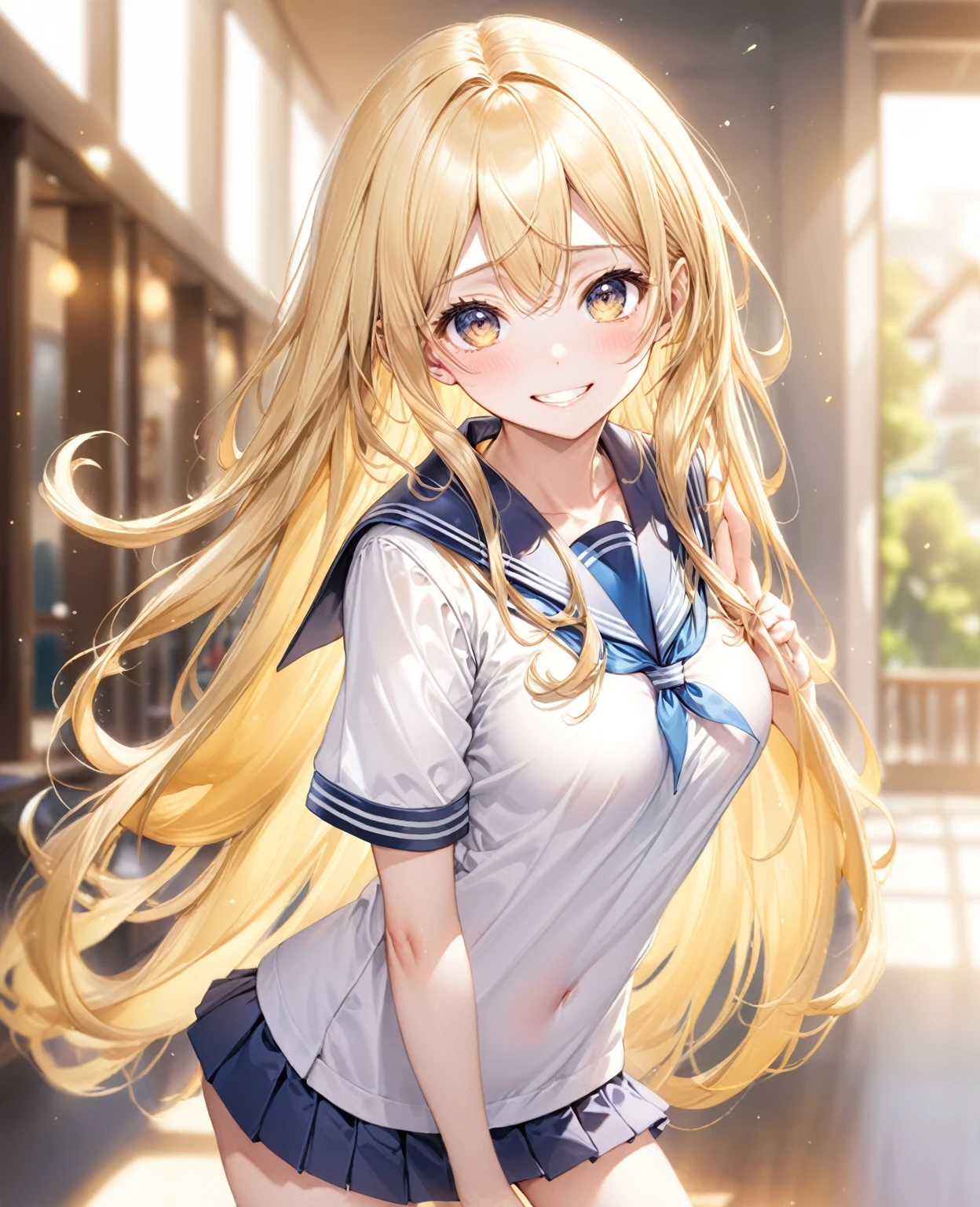 (Highest quality, 8k, 32K, masterpiece, Ultra-high resolution,:1.2),to be born, One Girl,So cute , School-like fantasy background, clear, Shining Eyes, Age 25 ,Fair skin, Girl , Slanted Eyes, , An innocent smile, Grin, Large Breasts, Long Hair, Sailor suit, mini skirt, uniform, , Accentuate your butt,Blonde,Long Hair