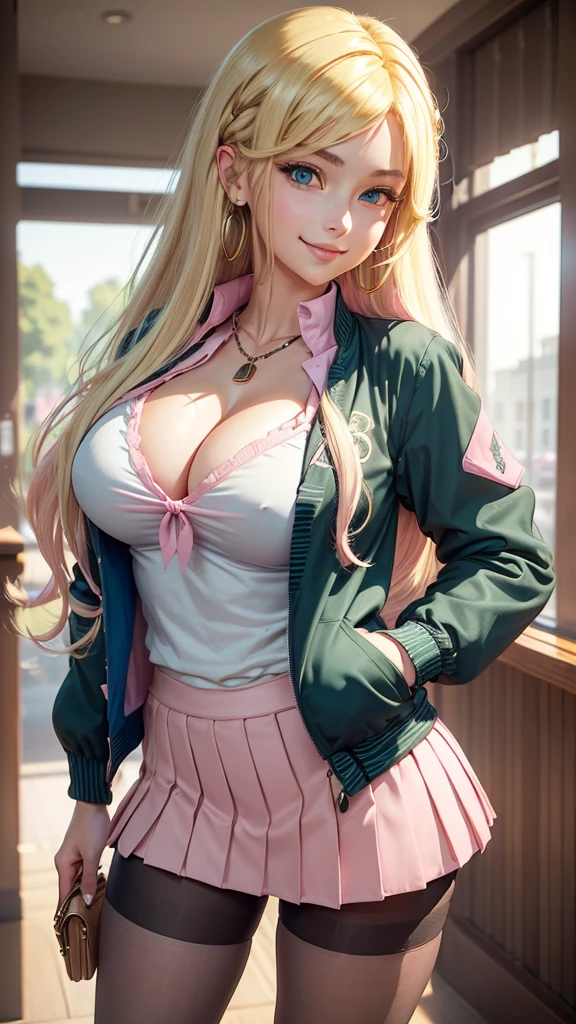 (masterpiece:1.5), (Big Breasts), 1 girl, young woman, (beautiful girl:1.5), (Highly detailed and delicate anime faces and eyes:1.5), whole body, (Natural light, High resolution, Highly detailed CG:1.3), (Dynamic posture:1.3), {correct body anatomy}, (Wide Hips:1.4), (Perfect hands:1.3), Single Focus, Toned body, Beautiful Lips, Thick lips, {Surreal}, {Correct posture}, {Minutes Details}, {Detailed body}, {Detailed clothing}, {Bright Eyes}, (Cleavage: 1.3), {accessories}, {sexy}, {alone}, (school uniform: 1.5), High school student clothing, (School jacket: 1.5), Long sleeve jacket, Short skirt, (pleated Short skirt: 1.3), (Thigh high pantyhose: 1.3), Black Pantyhose, blouse, Ribbon tie, Lace collar with tie, High heel boots, Earrings, necklace, hair band, Hair Clip, (A light smile: 1.3), Long Hair, (Two-tone hair: 1.5), (Blonde: 1.5), (Pink Hair: 1.3), (Green Hair: 1.2), (blue eyes: 1.3),
