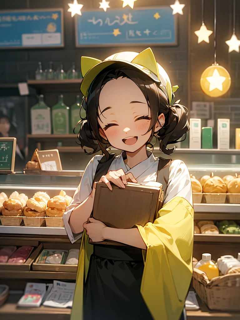 独奏,big forehead, sun visor, curly twintail,bionde,light green shop stuff cloth,smile,open mouth, ,menu counter,((I am the star))、