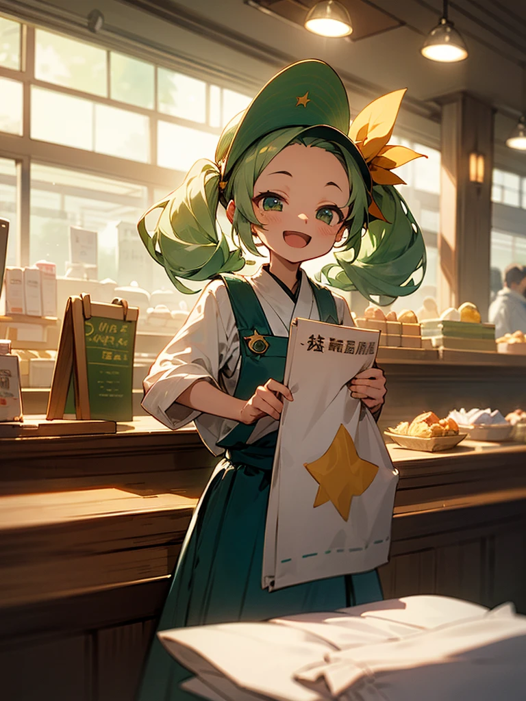 独奏,big forehead, sun visor, curly twintail,bionde,light green shop stuff cloth,smile,open mouth, ,menu counter,((I am the star))、