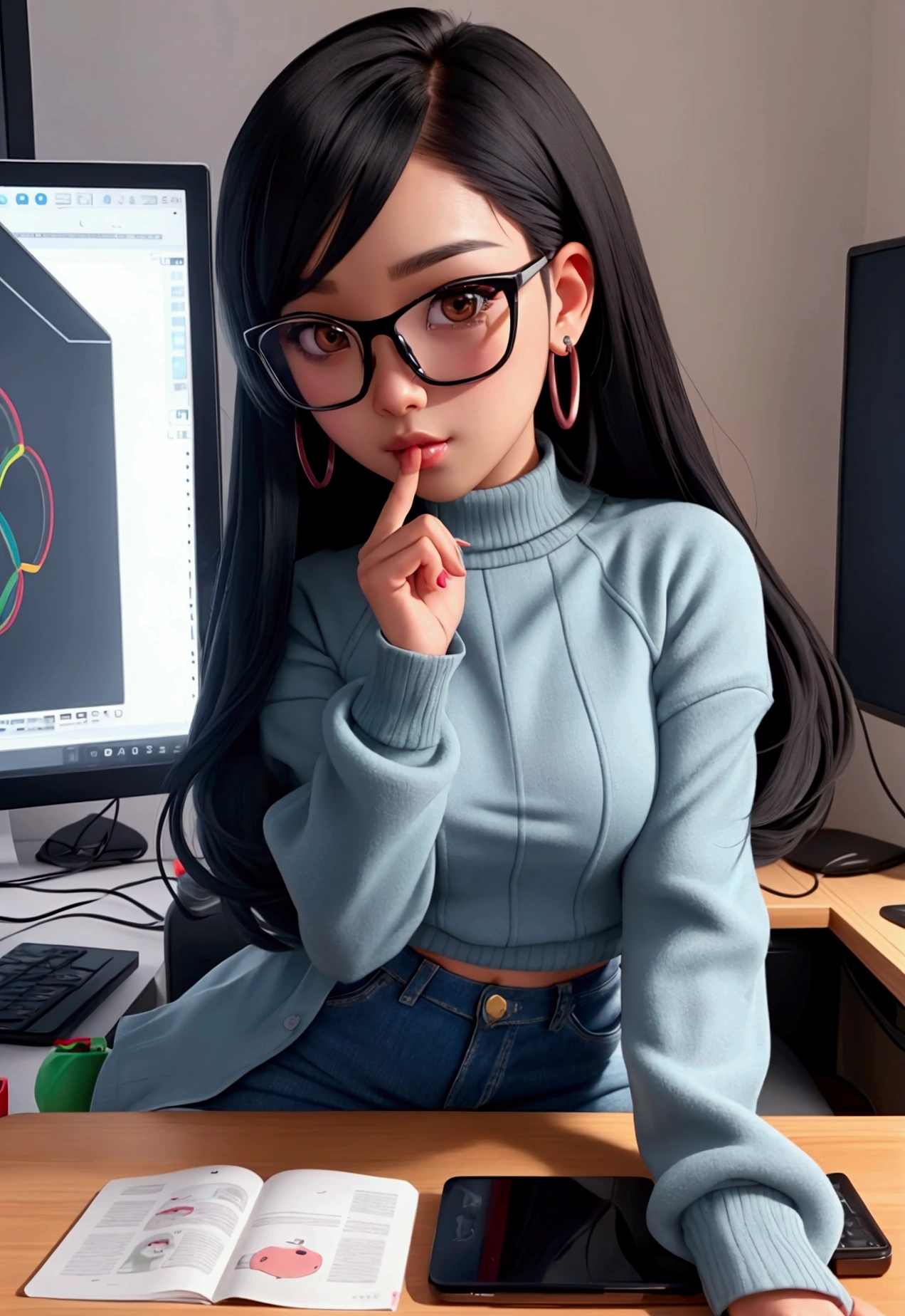 The character costume is KPOP, Hallyu, K-pop anime art style, Hallyu frontline style, Hallyu art style, kpop style, official artwork, Chibi art, Pisif, Blackpink style, cute. KPOP artwork in sitting position, The popularity of Pisif art station, 16 year old chibi, No watermark, close-fitting jean, , roundneck top,style , close up angle, black hair,brown skin siiting and facing a computer and trading crypto and she's wearing glasses